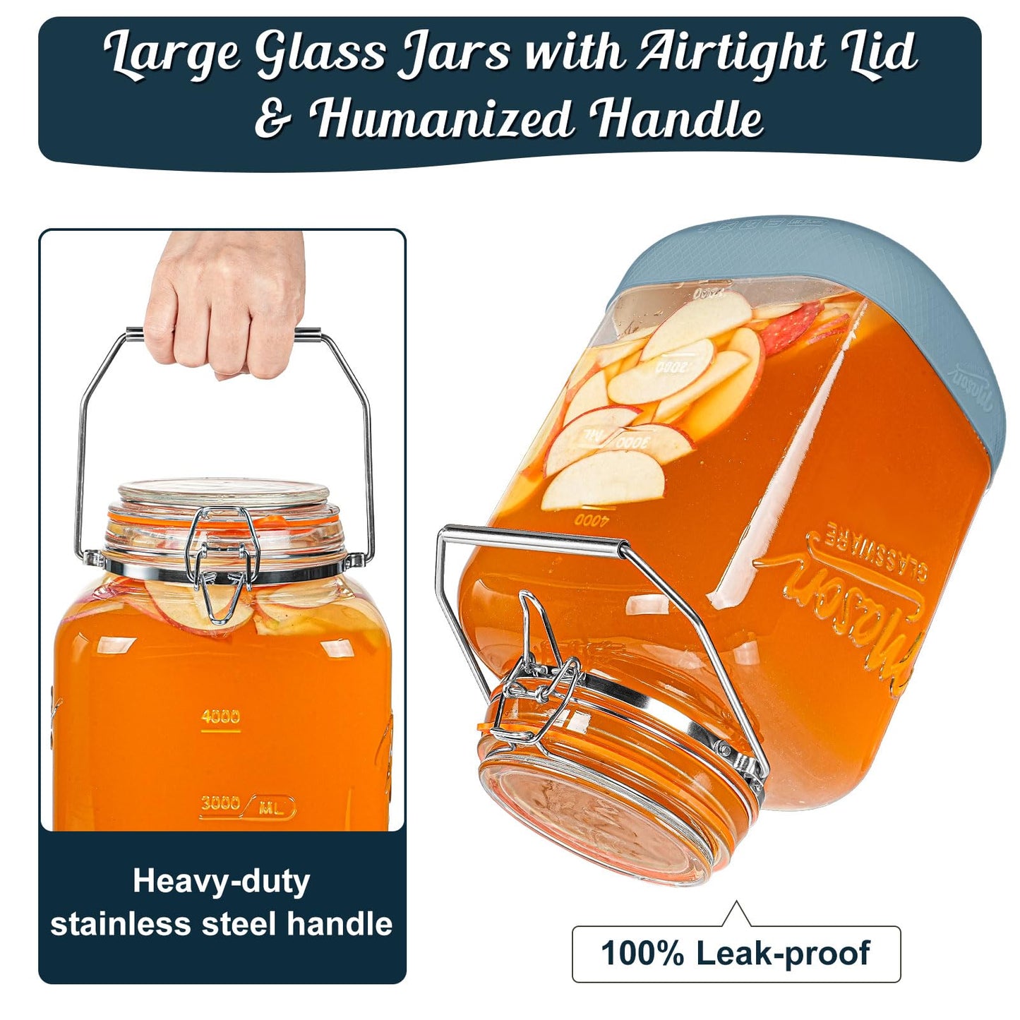 Dwbligt 2 Pack 1.5 Gallon Glass Jar With Airtight Lid, Square Large Mason Jars Wide Mouth with Scale Marks and Stainless Steel Handle-192 Oz Non-slip Glass Storage Containers for Flour Sugar Cookie