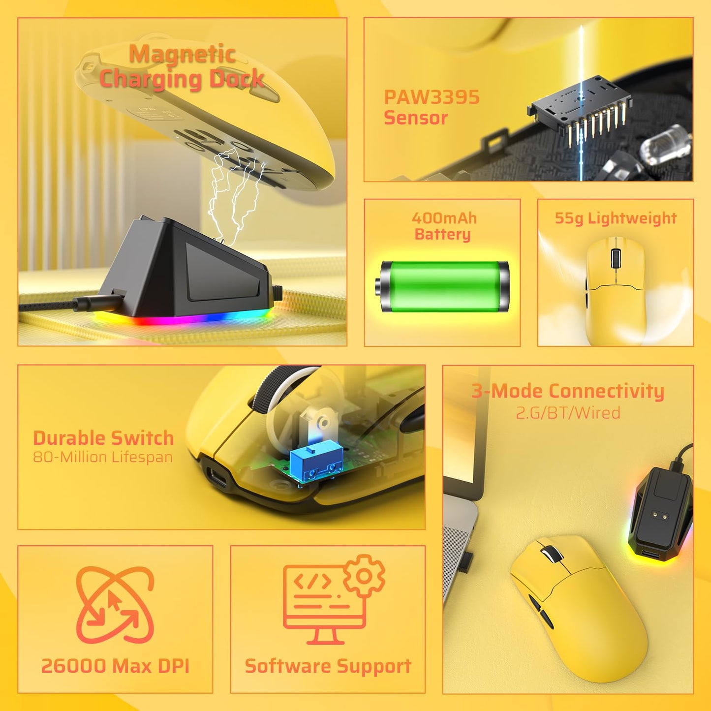 LTC GM022 Ultralight 3-Mode Wireless Gaming Mouse with RGB Charging Dock, PAW3395 26K DPI Sensor, 55G Lightweight Ergonomic Bluetooth Gaming Mouse, 5 Programmable Buttons, 80 Million Click Switch