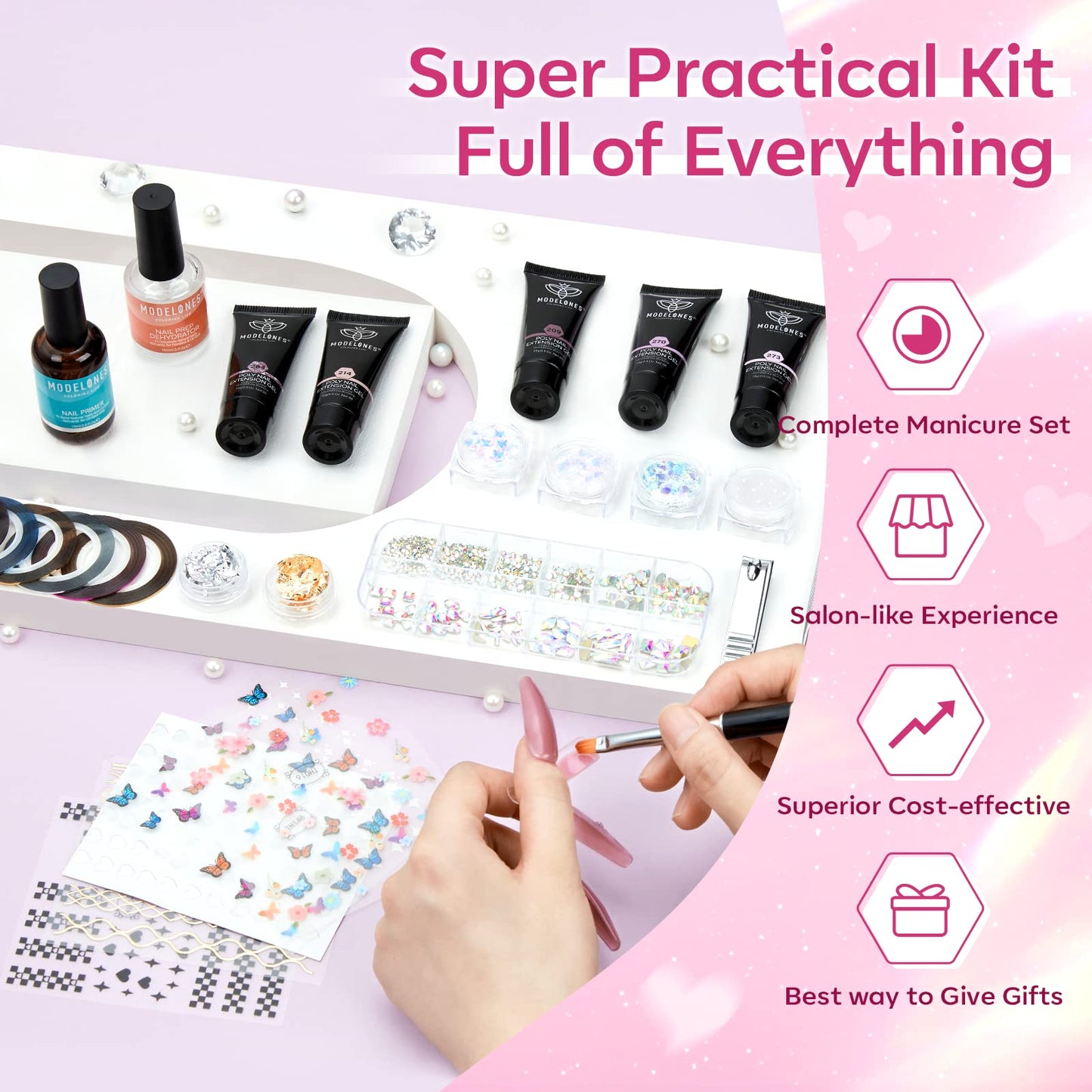 Modelones Poly Nail Gel Kit 8 Rosy Pink Colors with 48W LED Nail Lamp Poly Extension Gel Complete Nail Art Tools Professional Starter Manicure Kit Supplies Rhinestone GlittersBeauty Gift DIY at Home