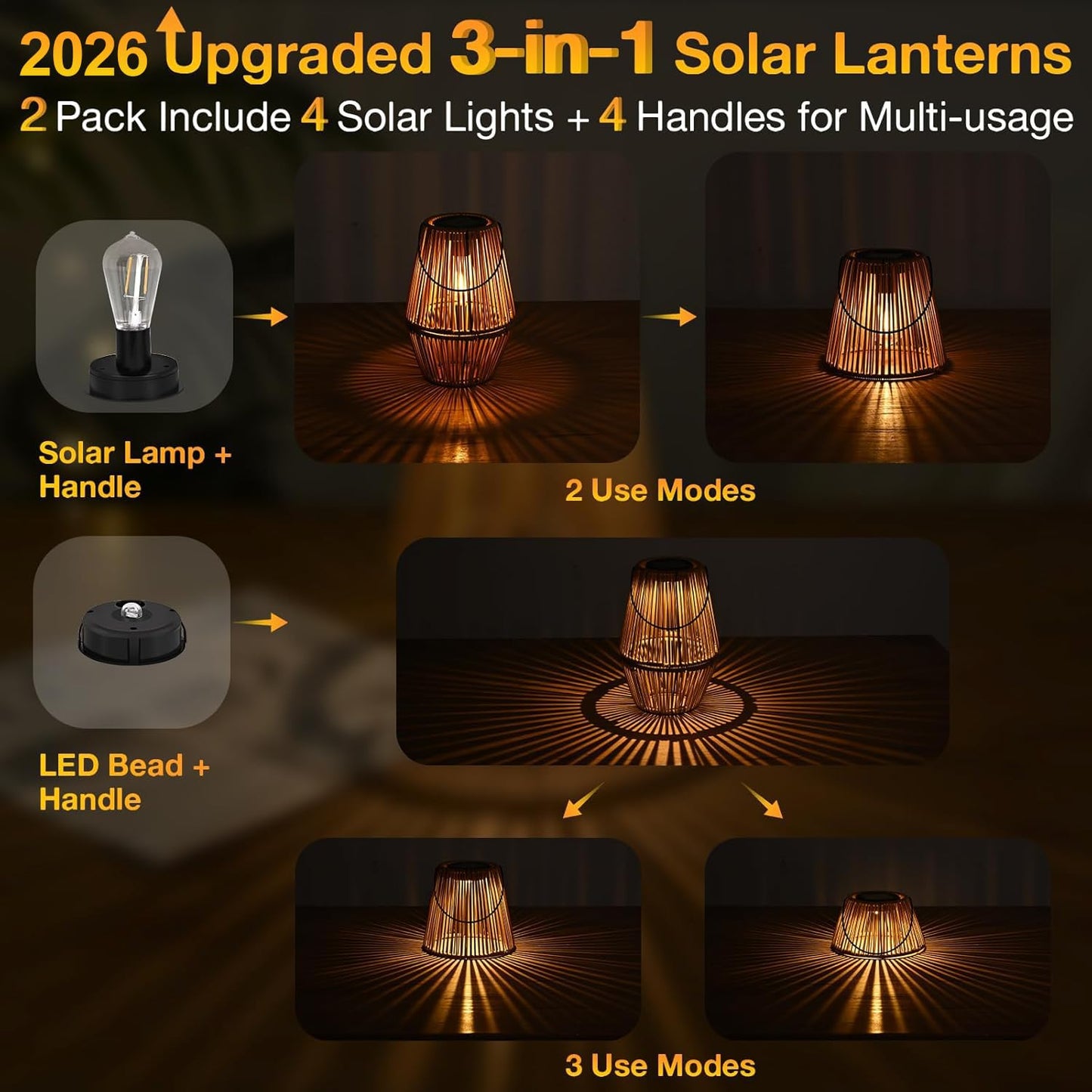 Uspring 2 Pack 3-in-1 Solar Lanterns Outdoor Waterproof Rattan Woven Hanging Solar Lights for Outside with Bright Lamp & LED Bead & 4 Handles, Garden Gifts Decor for Women Mom Patio Yard Porch