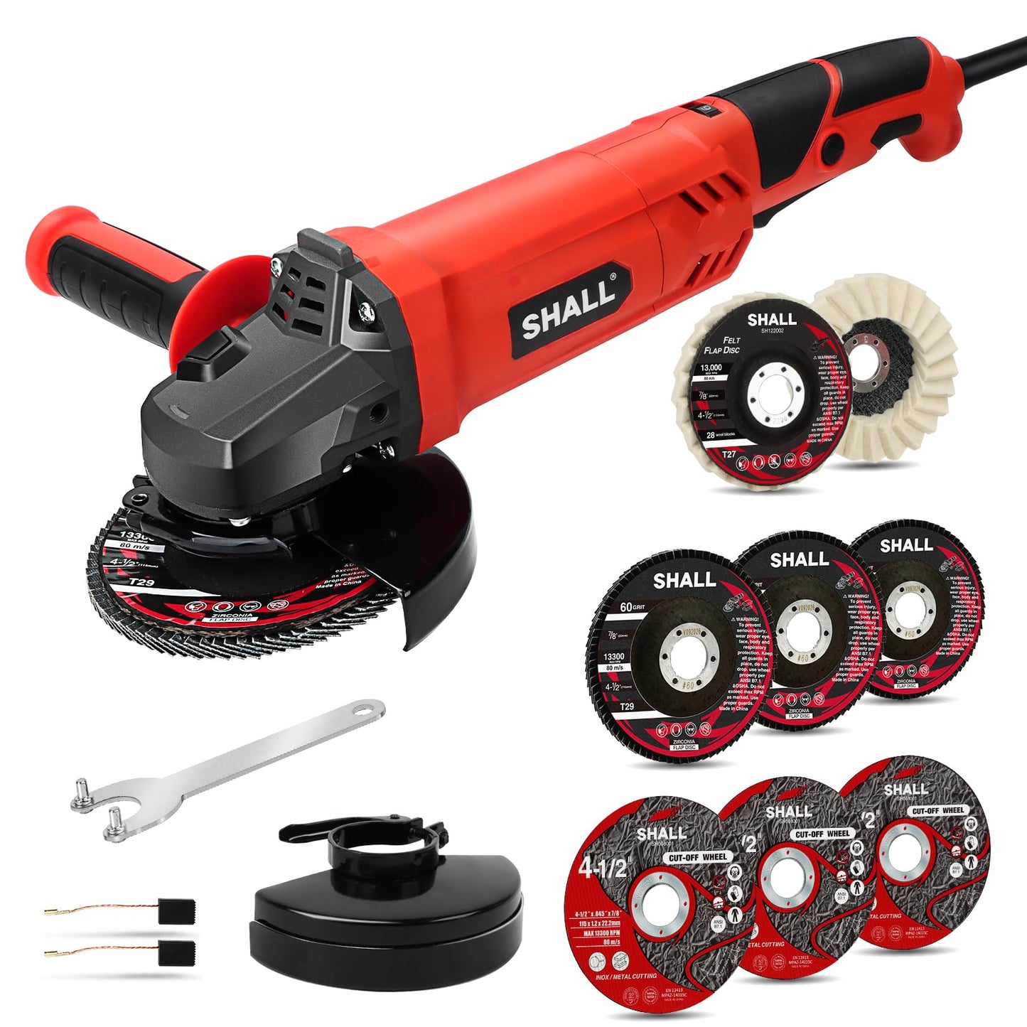 SHALL Angle Grinder Tool 7.5Amp 4-1/2 Inch, 6-Variable-Speed Grinders Power Tools, Electric Metal Grinder 12000 RPM w/ 2 Safety Guards, Cutting Wheels, Flap Discs, Non-Slip Handle for Metal/Wood