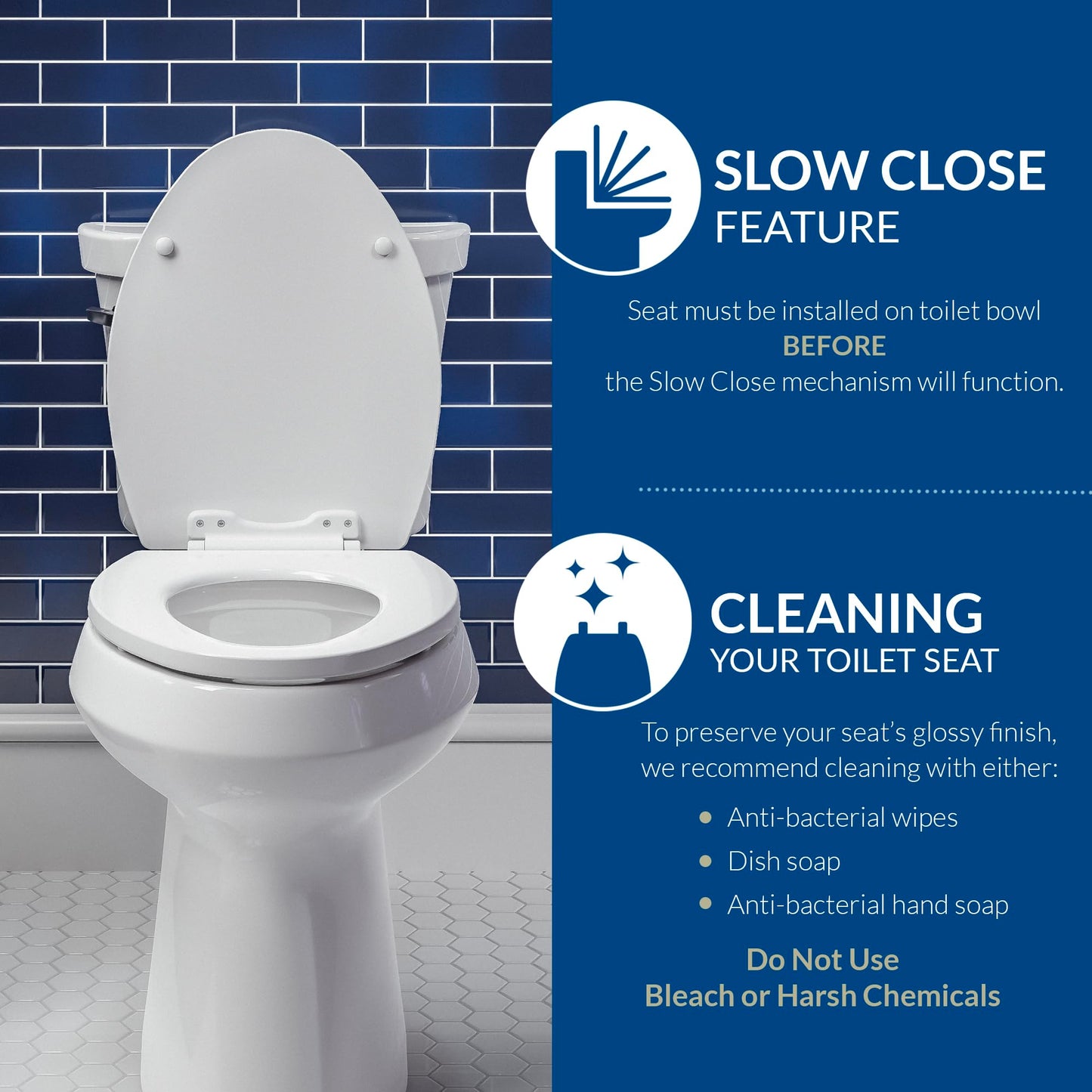 Mayfair Collins Slow Close Toilet Seat, Durable Plastic Seat with Extra Stability Bumpers and Secure Hinges, Made in USA, Round, White