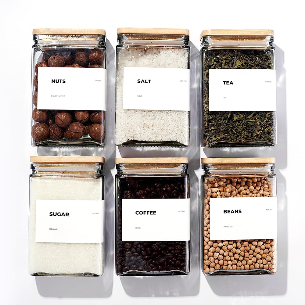 APT 1101 Glass Storage Jars with Bamboo Lid, glass canisters with airtight lids, Clear jars with lids for Spice, Cookie, Candy, Tea, Coffee Bean and Rice (White, 26 oz, Set of 6)