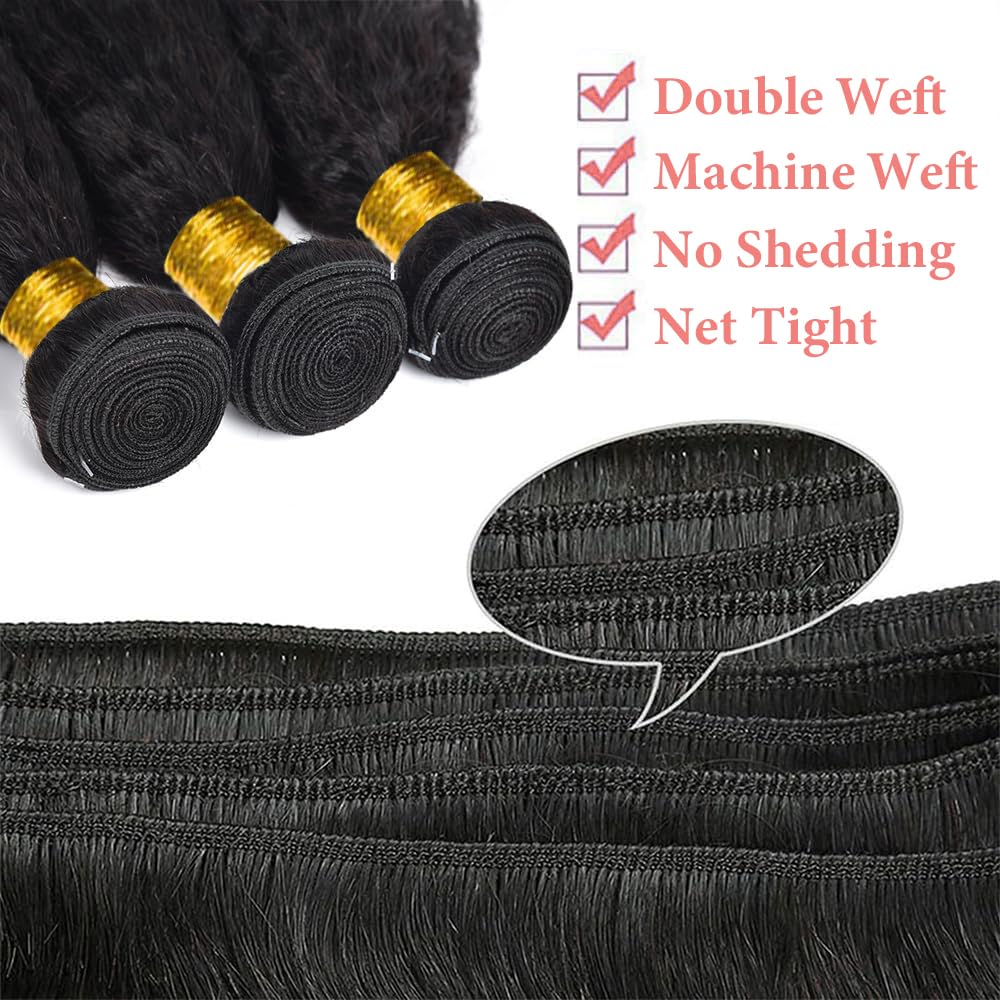 Kinky Straight Bundles Human Hair 20 22 24 Inch 3 Bundles 100% Unprocessed Brazilian Virgin Remy Hair Yaki Straight Bundles Human Hair Extensions Natural Color Human Hair Bundles for Black Women
