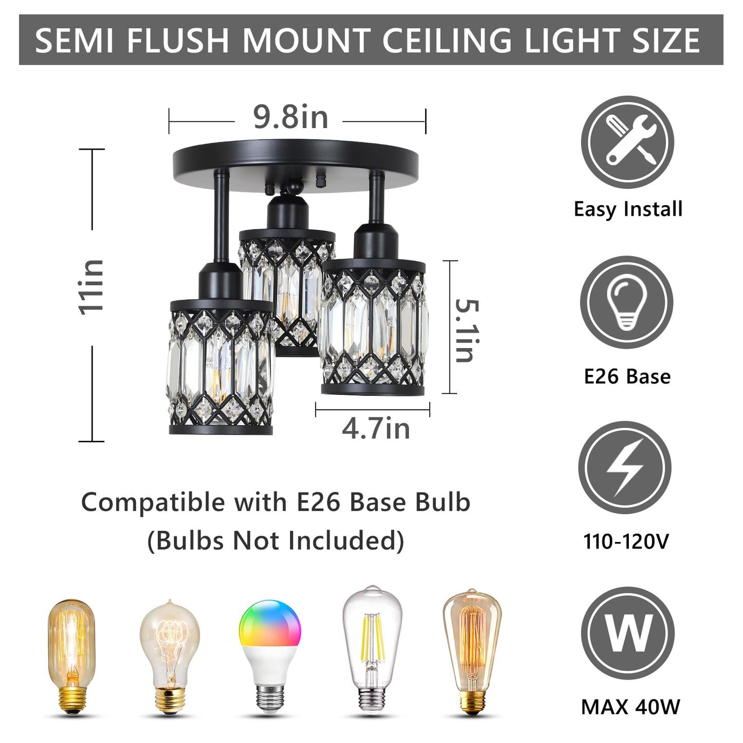 PAUFUL Semi Flush Mount Ceiling Light,3-Light Modern Crystal Close to Ceiling Light Fixtures, Black Kitchen Light Fixtures with Clear Crystal Shade,Hallway Light Fixtures for Hallway Bedroom Bathroom