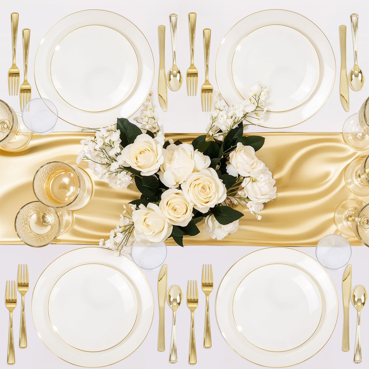 Nervure 100Pcs Ivory and Gold Plastic Plates - 10.25inch Disposable Ivory Dinner Plates - Heavy Duty Plastic Plate Ideal for Wedding & Party