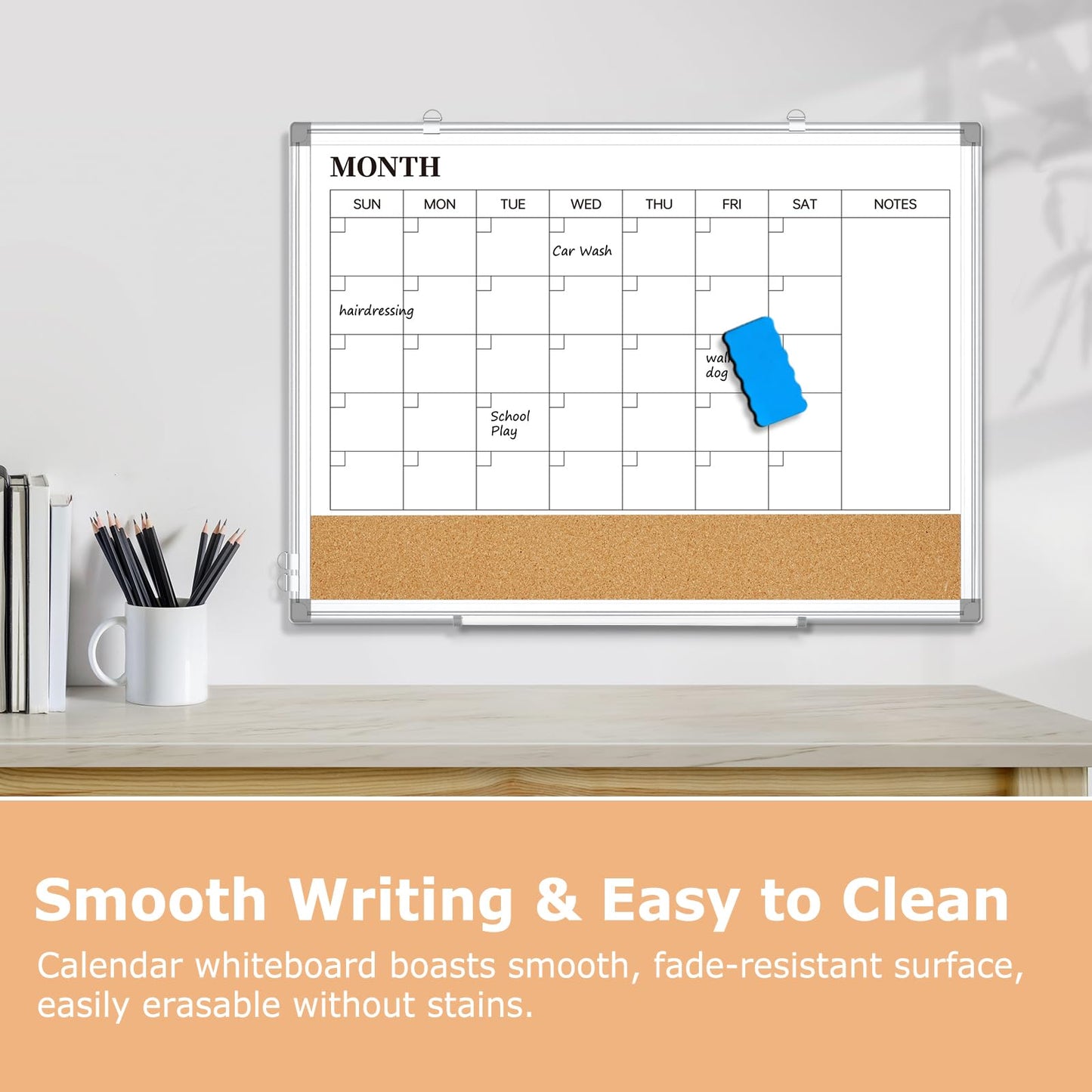 QUEENLINK Dry Erase Calendar Board for Wall, 24"x18" Magnetic Whiteboard Calendar Double-Sided Monthly White Board with Cork Board, Aluminum Frame Memo Message Board for Office, Home, School, Kitchen