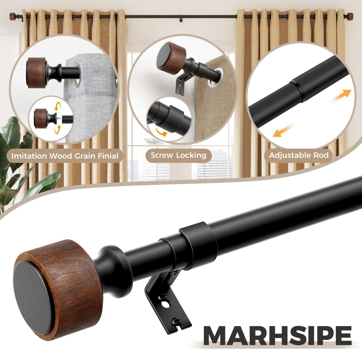 Wood Curtain Rods for Windows 66 to 120 Inch, 1” Diameter Adjustable Curtain Rod with Imitation Wood Grain Finials, Decorative Heavy Duty Drapery Rod Set, Indoor/Outdoor Modern Curtains Rods