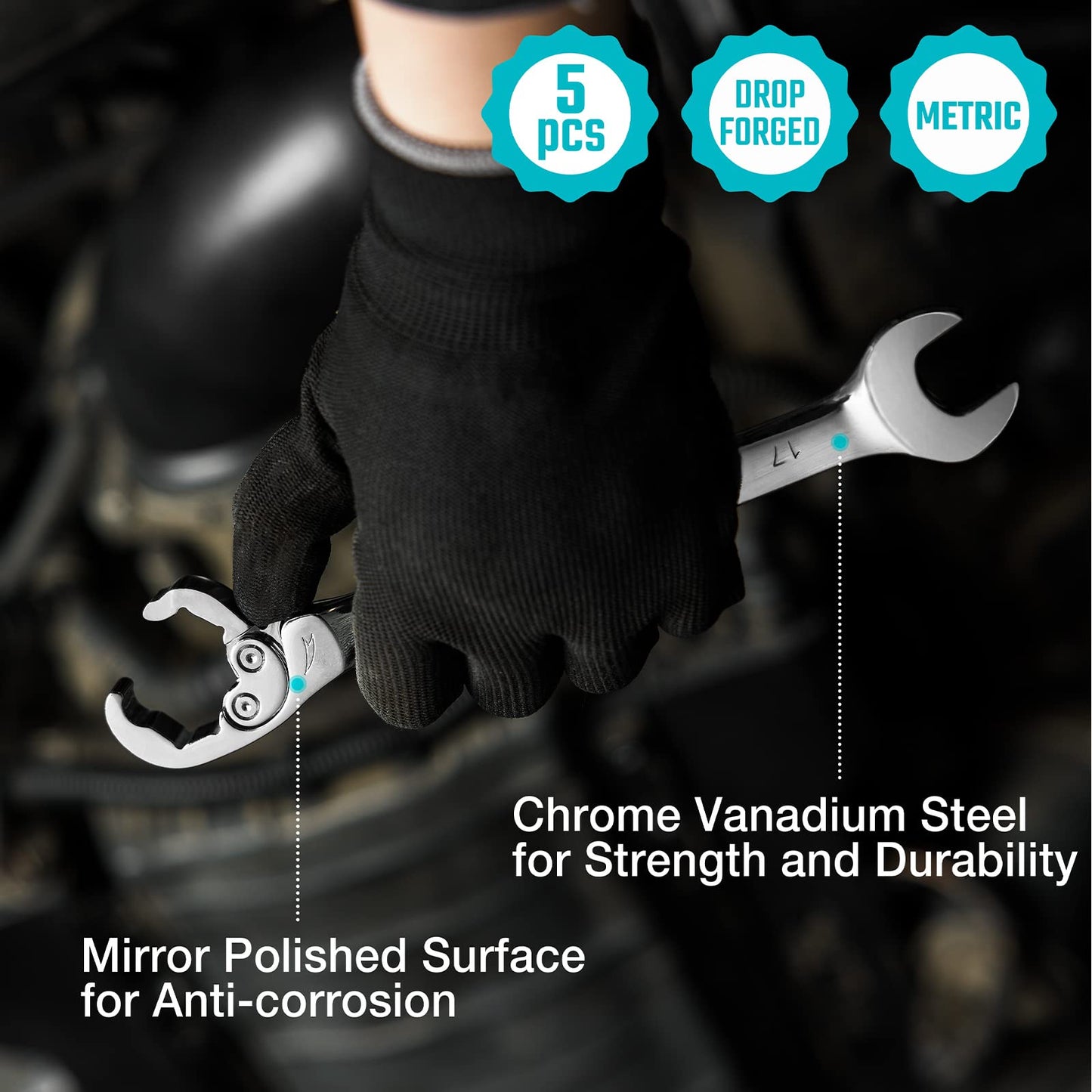 DURATECH Ratcheting Flare Nut Wrench Set, Open End Wrench Set, Metric, 5-Piece, 10, 12, 13, 14, 17mm, CR-V Steel, Organizer Pouch Included