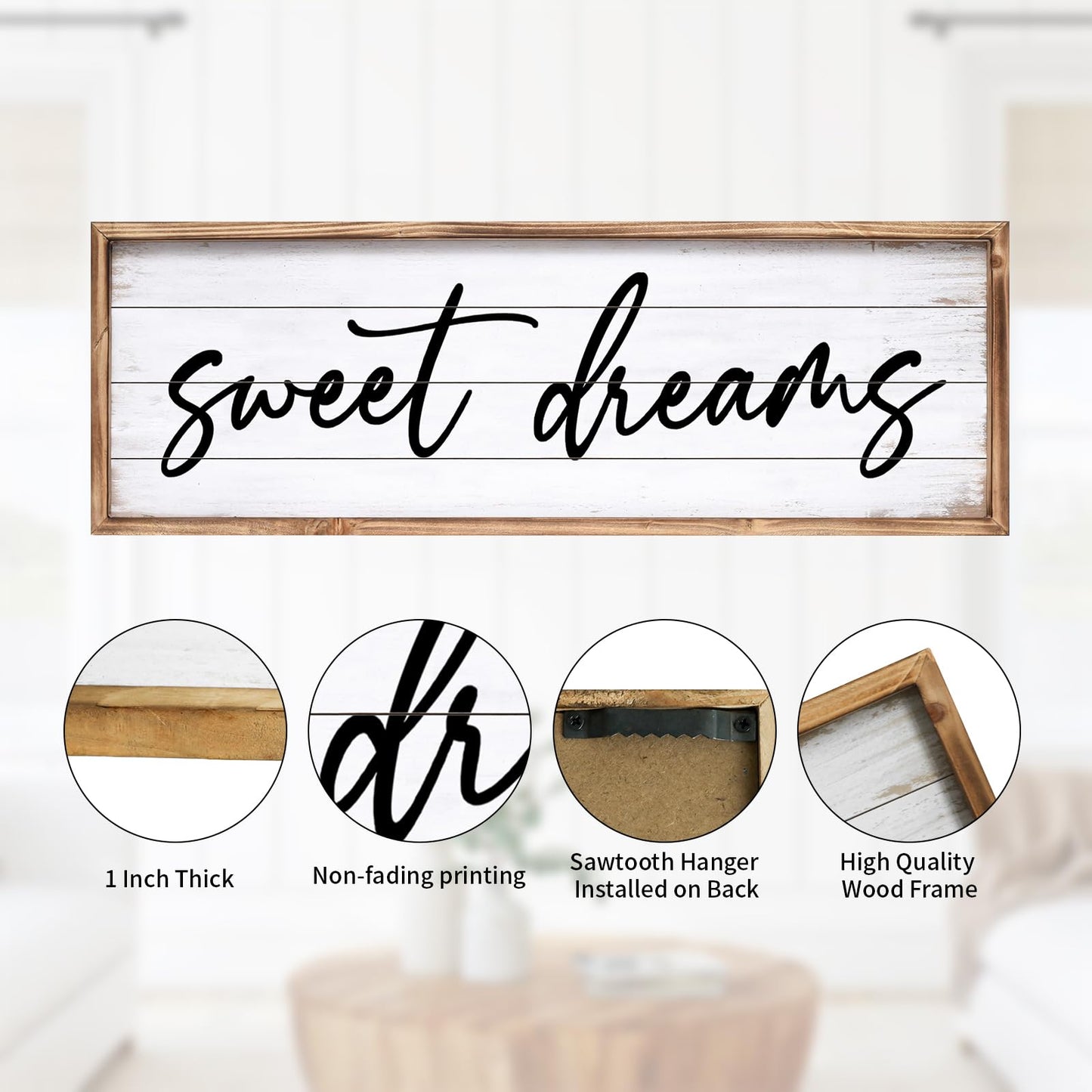 UPPER DECOR Sweet Dreams Wall Decor Above Bed 42''×15'' Large Bedroom Wall Sign Farmhouse Bedroom Sign Wood Framed Guest Room Decor Master Bedroom Wall Decoration