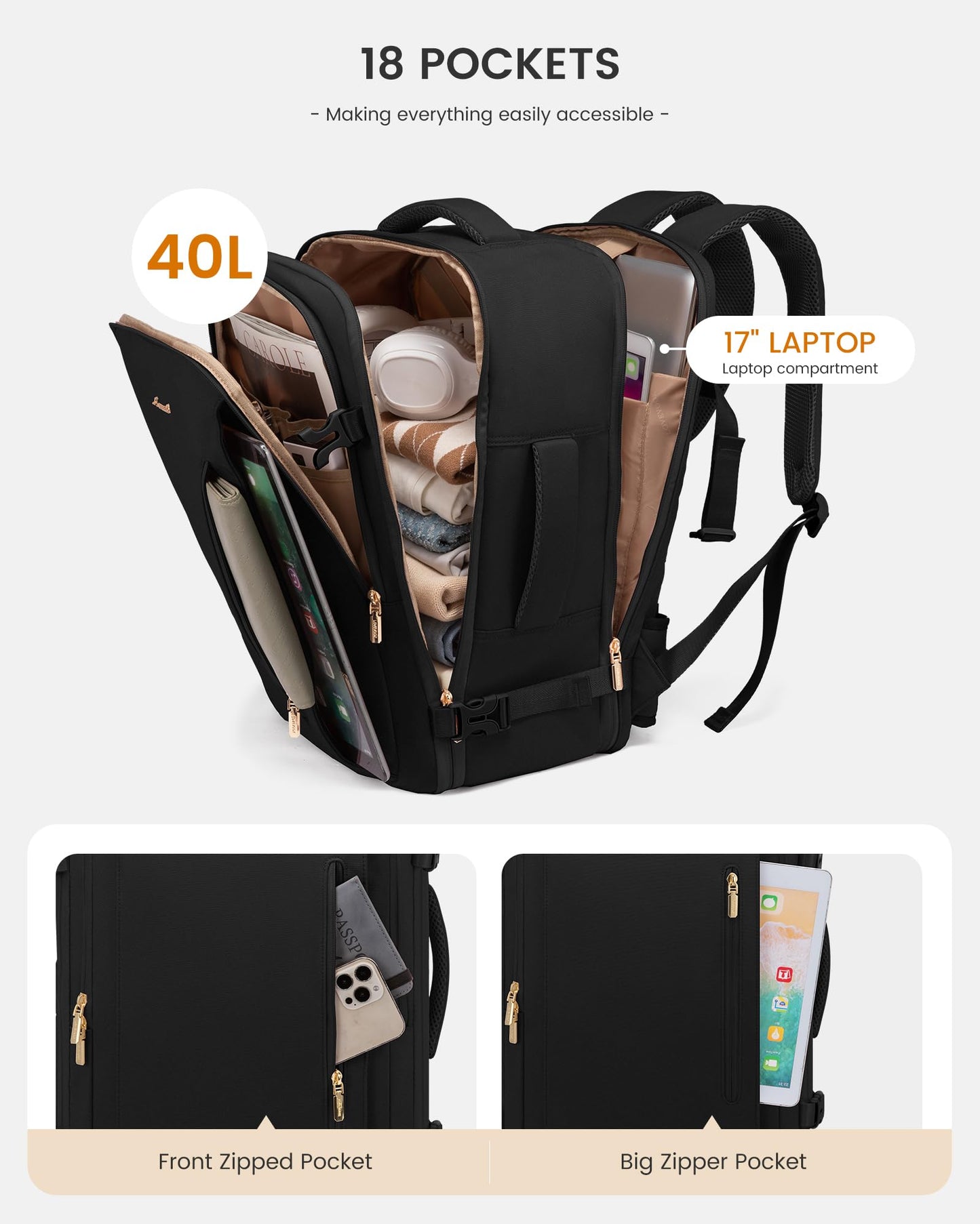 LOVEVOOK Travel Backpack For Women & Men with Waist Strap,40L Waterproof Carry On Backpack Luggage Travel Essentials Flight Approved,TSA Personal ltem Travel Bag Weekender Daypack with 3 Packing Cubes