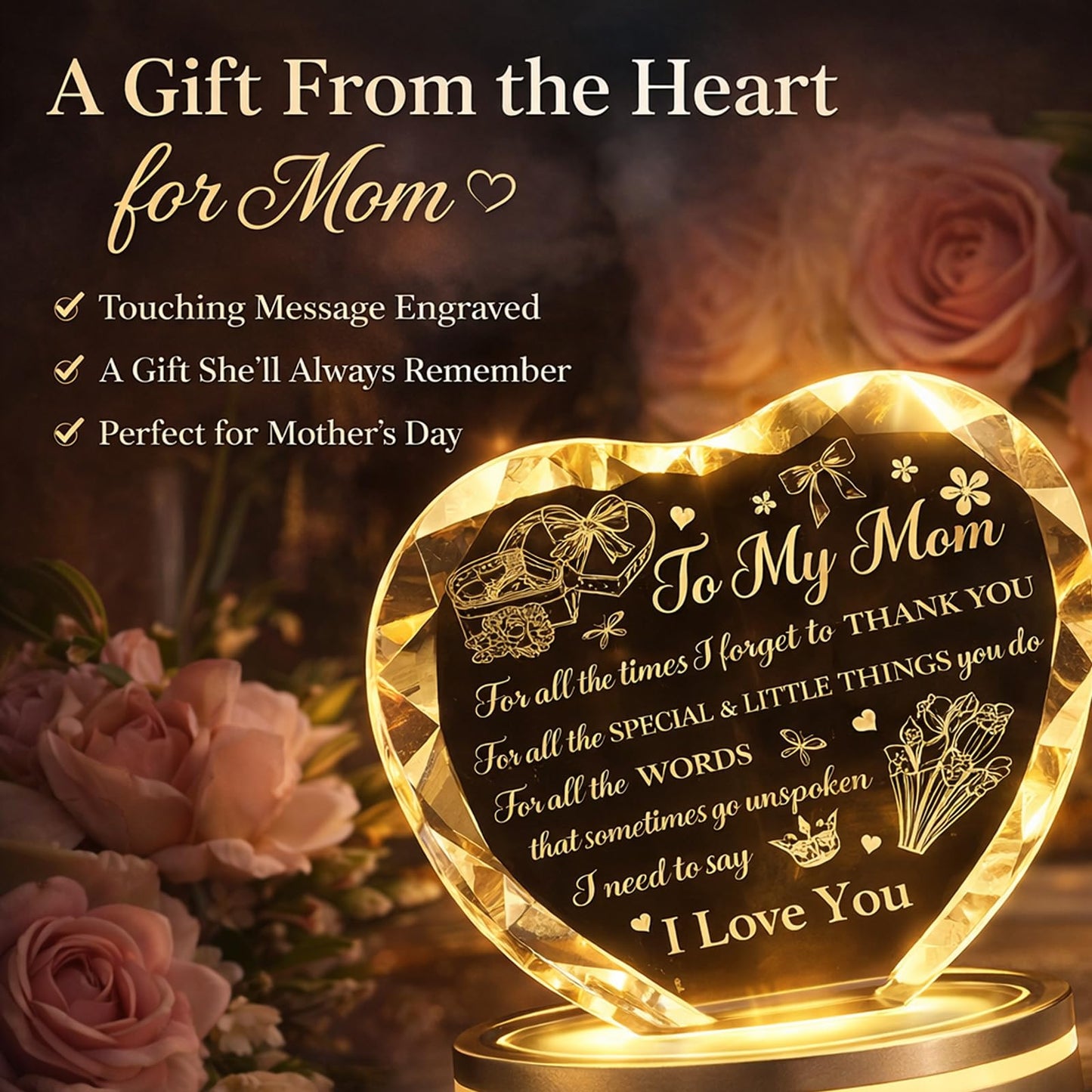 Mother’s Day Gifts for Mom from Daughter or Son – Crystal Heart Keepsake with LED Base, Unique Birthday Christmas Anniversary Present, Sentimental Gift for Mother, Thank You Ornament (Mother Gift)