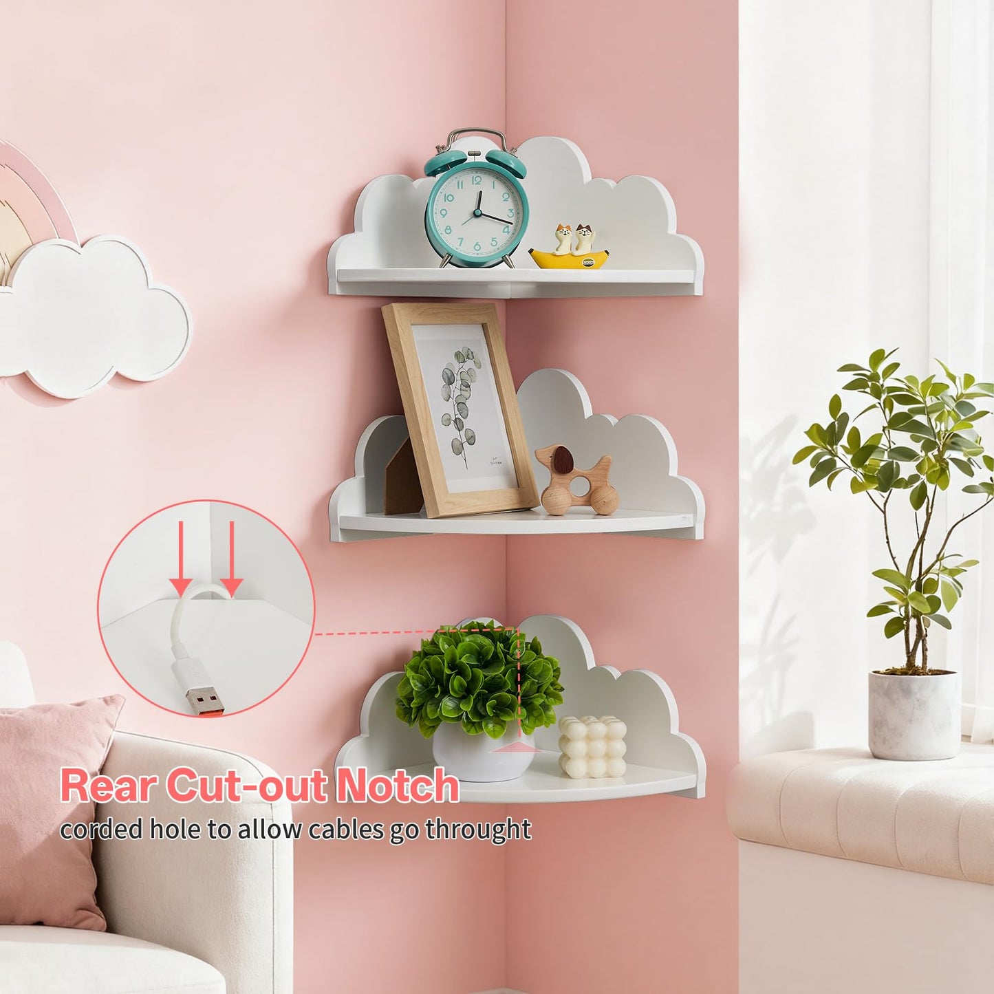 Conamily Cloud Corner Floating Shelves，Set of 3 White Corner Wall Shelf Floating Wooden Cute Wall Mounted Shelves Clouds Dispaly Shelf for Kid’s Room,Toys, Plants & Storage