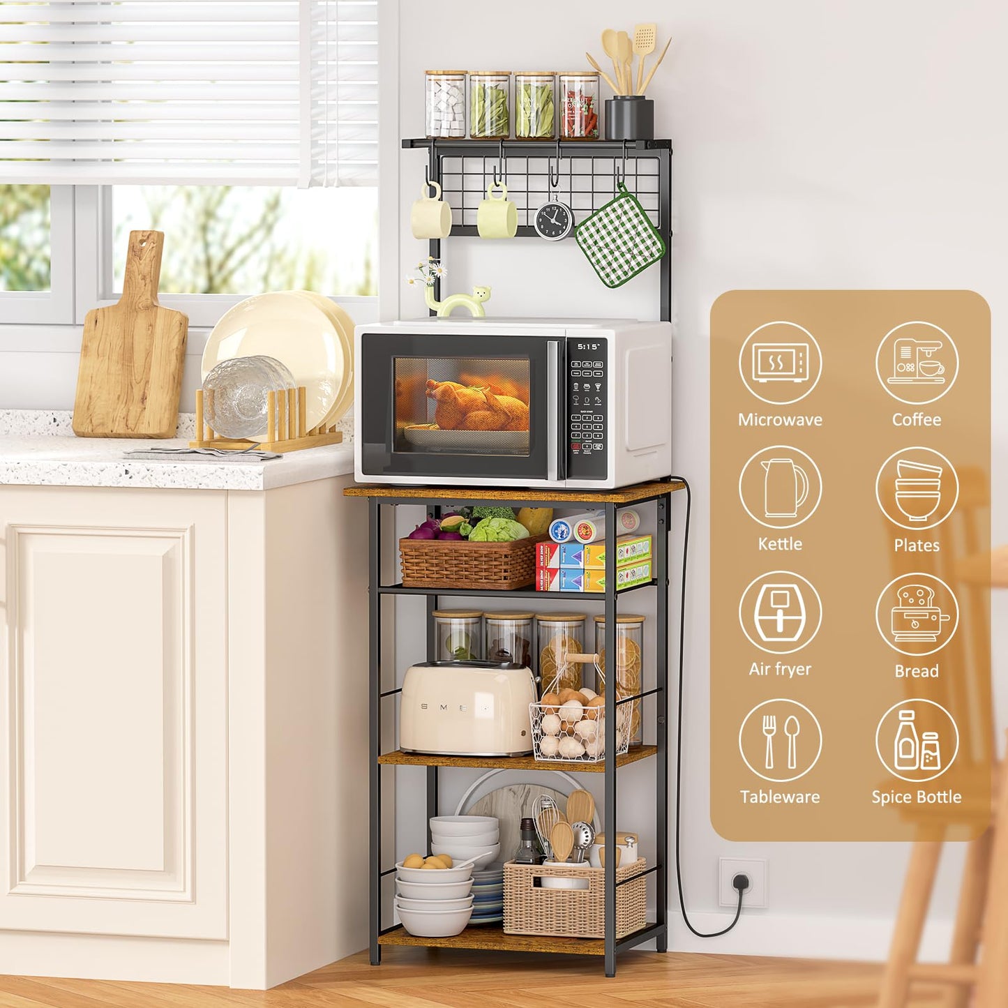 5 Tier Coffee Bar Station, Kitchen Stand with 4 S-Shaped Hooks, Farmhouse Corner Coffee Bar Cabinet for Small Spaces, Bakers Rack for Kitchen, Entryway, Living Room, 13.43" D x 18.93" W x 53.31" H