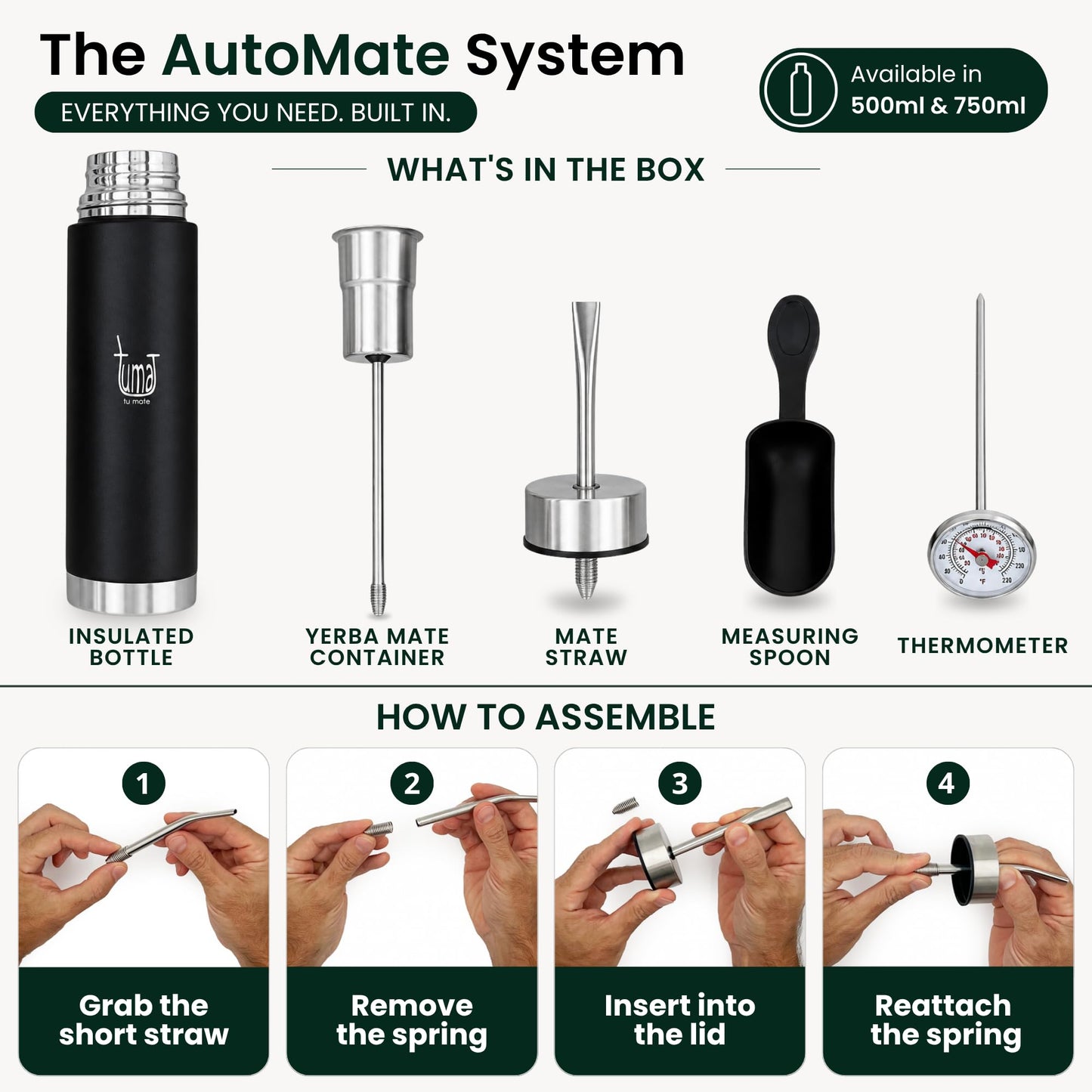 Tuma Tu Mate Automate - Self-Serving Yerba Mate Cup & Insulated Thermo Bottle with Spout, Mate Listo Fluvion Autocebante System, Stainless Steel Kit with Thermometer & Measuring Spoon, 750ml - 25.3oz