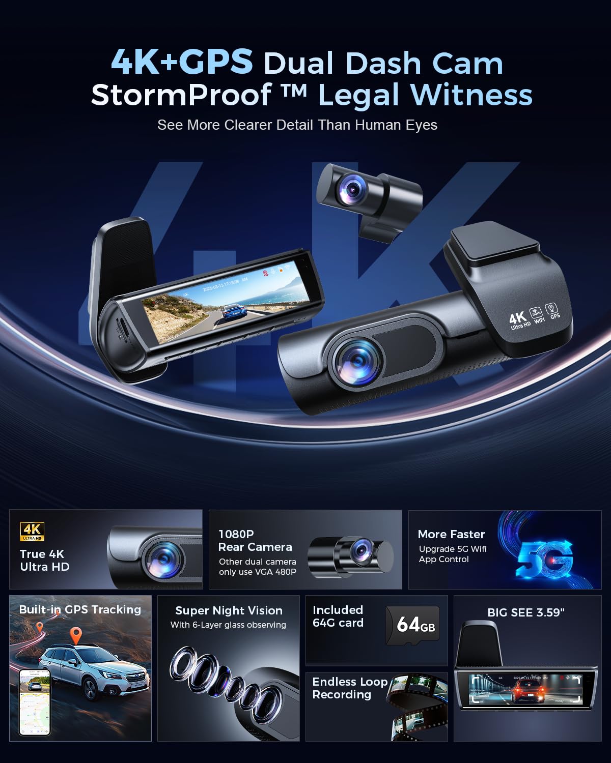 OVAMAN K600 4k Dash Cam Front and Rear, 3.59" IPS Screen, Built-in GPS 5G WiFi Dash Camera for Cars with App, UHD 2160P Night Vision Free 64G SD Card, 170° Wide Angle, HDR, 24H Parking Mode