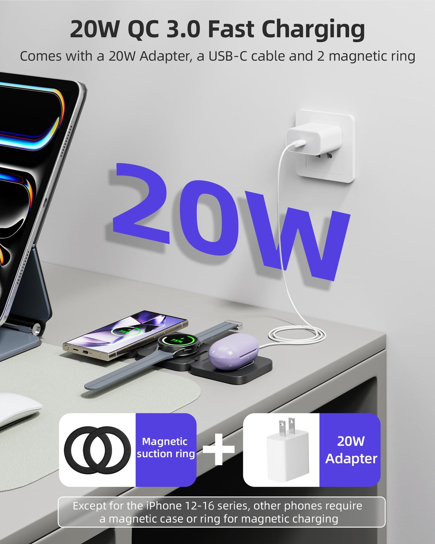 Foldable 3 in 1 Wireless Charging Station for Samsung, KU XIU X55 Ultra Magnetic Travel Charger Stand for Galaxy S24 Ultra S23 S22 Note 20 Z Fold Flip 6 5, Galaxy Watch Ultra 7 6 5, Galaxy Buds, Black