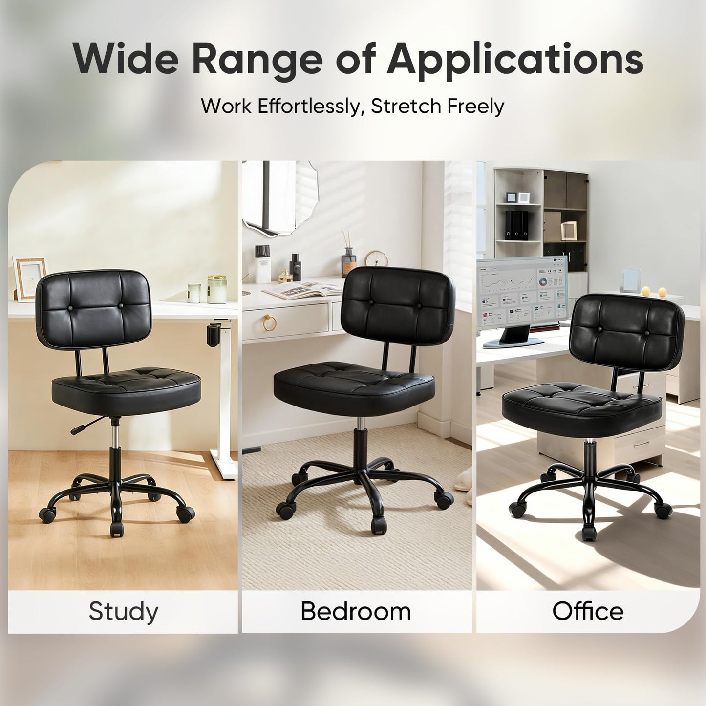 DUMOS Home Office Desk Chair - Ergonomic Armless PU Leather Computer Rolling Task Chair，with Comfy Lumbar Support and Height Adjustable, Vanity, Bedroom, Living Room, Black