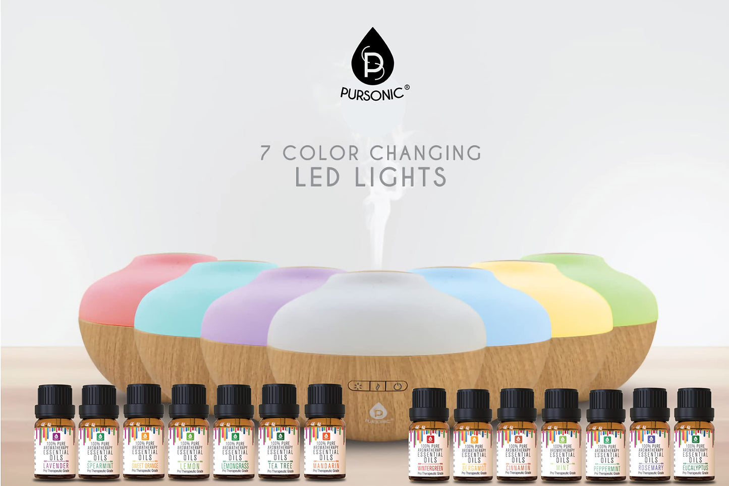 Pursonic Aromatherapy Diffuser & Essential Oil Set-Ultrasonic Diffuser & Top 14 Essential Oils-300ml Diffuser with 2 Mist Settings & 7 Ambient Light Settings-Therapeutic Grade Essential Oils