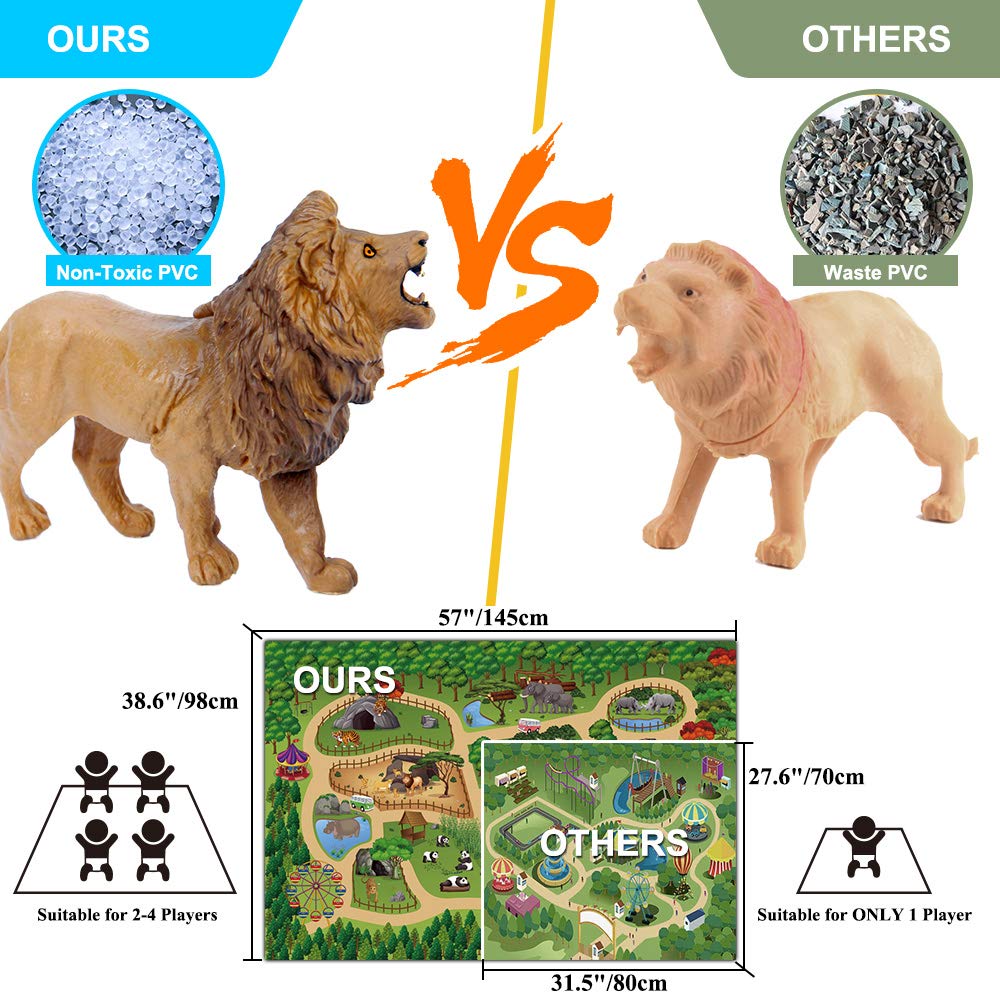 Mini Tudou 12 Pieces Safari Animal Figures with Large Play Mat 57" x 38.6" Realistic Wild Zoo Animals Game with Elephant, Giraffe, Lion for Boys and Girls