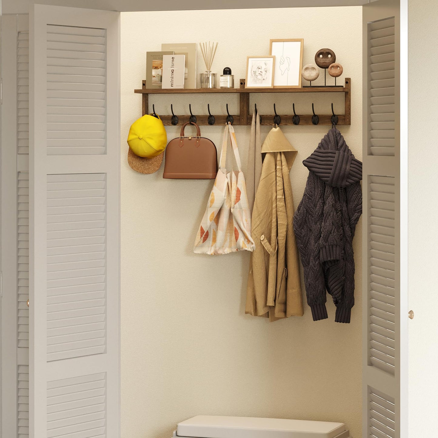 AMBIRD 34.2 inch Wooden Extra-Long Wall Hook Rack with Shelf - Versatile and Decorative Wall-Mounted Storage - 10 Hooks for Hanging Coats, Hats, Scarves - Ideal for Entryways, Bedrooms, Closets
