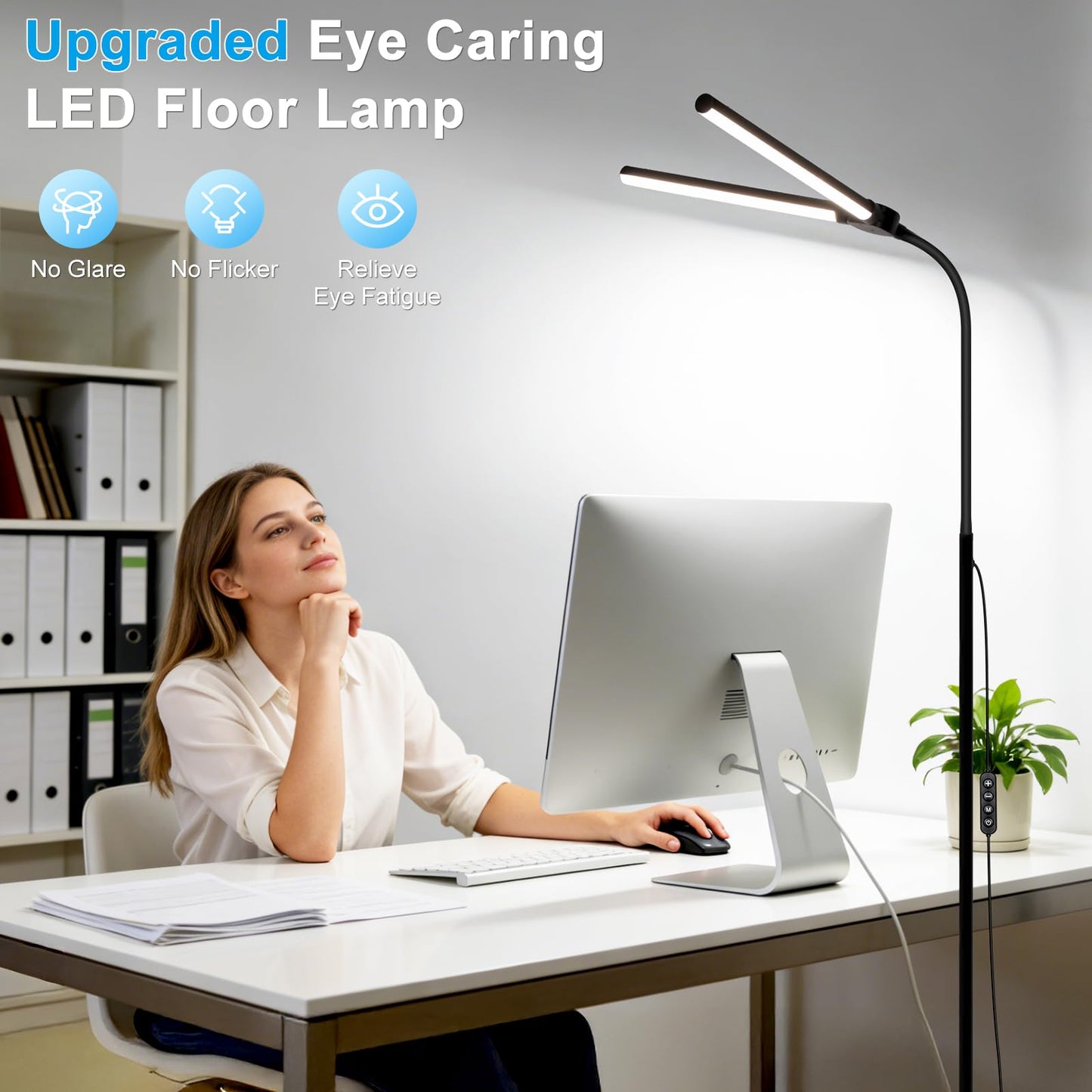 24W/2600LM LED Floor Lamp, Bright Reading Floor Lamps with Dual Head Adjustable Gooseneck, Dimmable Standing Task Lamp for Office Living Room Bedroom, Modern Eye Caring Light for Puzzle Craft Sewing