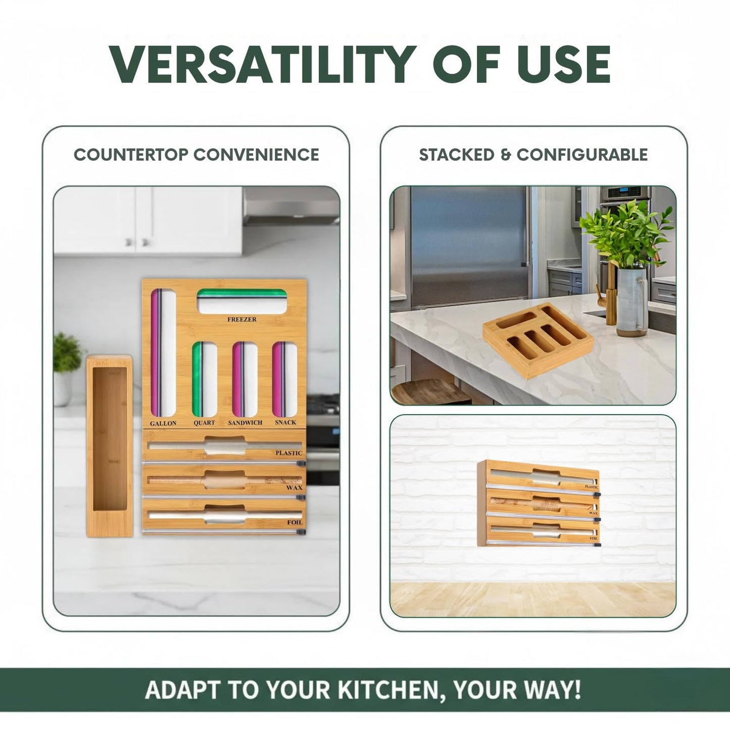 9 in 1 Bamboo Storage Bag Organizer for Kitchen Drawer, Bamboo Kitchen Drawer Organizer with Cutter, Foil and Plastic Wrap Dispenser, Ideal Storage for Gallon, Quart, Sandwich and Snack Bags
