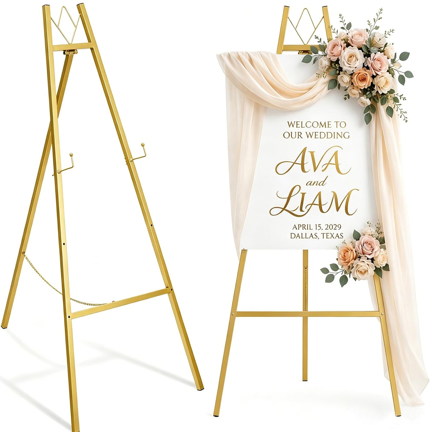 WATIHERE 57.5" Gold Easel Stand for Wedding Sign – 4 Adjustable Height Levels, Assembly Required, Heavy Duty Metal Display Stand for Art, Paintings, Posters, Pictures, and Home Décor