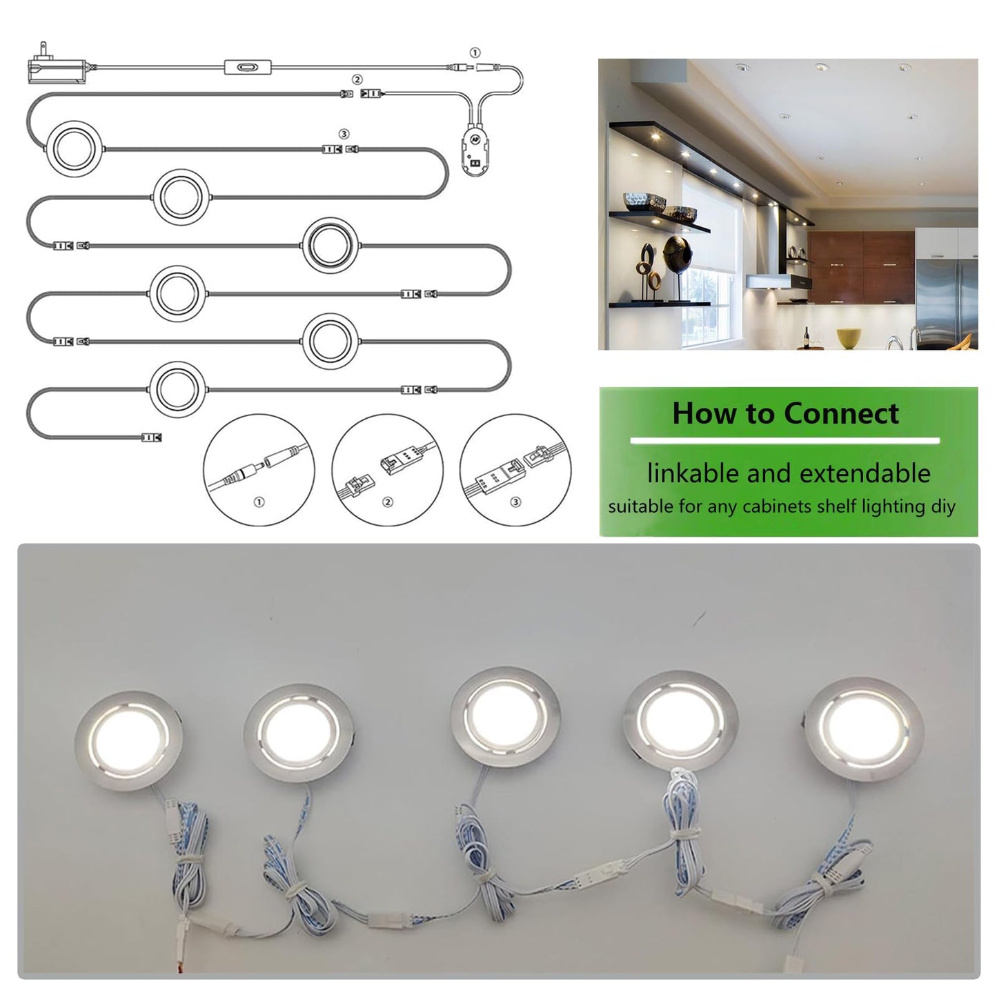 Smart Puck Lights LED Under Cabinet Lighting 2700k-6500k Dimmable Works with Alexa,Google Home,APP & Remote,12V,2W/pc,Recessed Kitchen Lamp Plug In for Counter,Display Shelf,2.5Inch Cutout,6pcs,Sliver