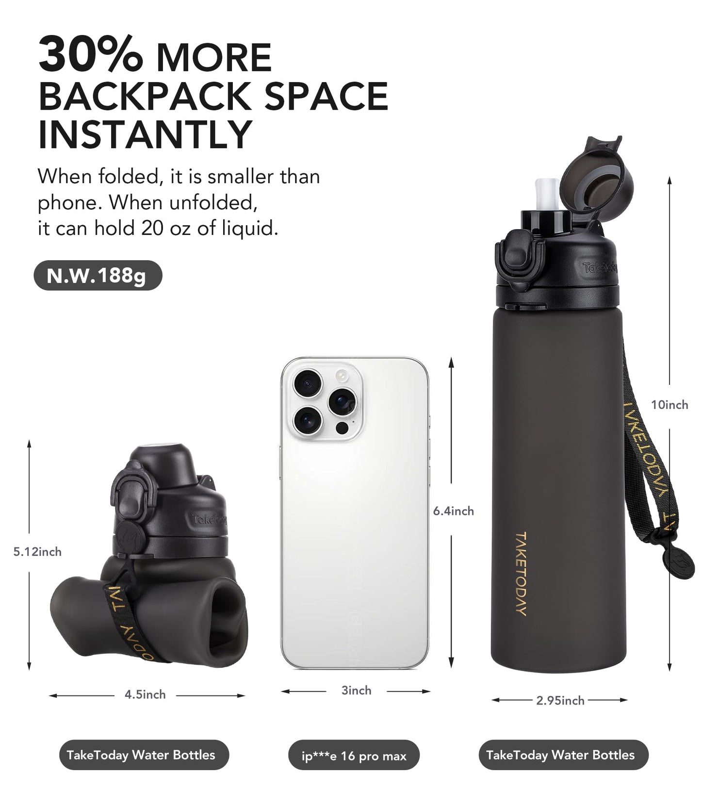 TakeToday Collapsible Water Bottles 21oz (2 pack), Foldable Platinum Silicone Travel Water Bottle with Straw & Carry Strap, Leak-Resistant Screw Lid, Wide Mouth, BPA-Free for Hiking, Flights
