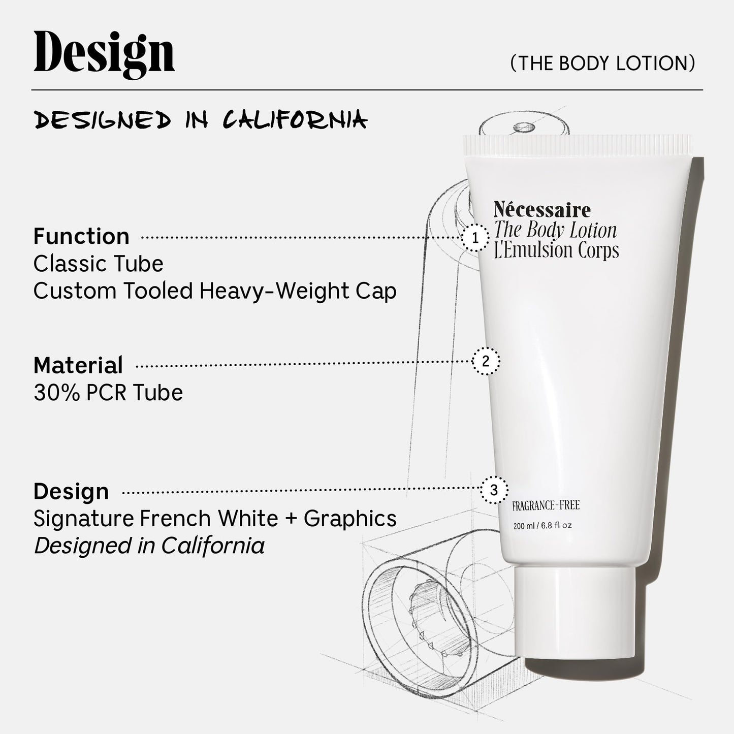 Nécessaire The Body Lotion Fragrance-Free. Firming Body Lotion for Women & Men. 48 Hour Moisture. 5 Peptides, 2.5% Niacinamide, Vitamin C/E + Omega 6/9. Non-Comedogenic. 6.8 fl oz.