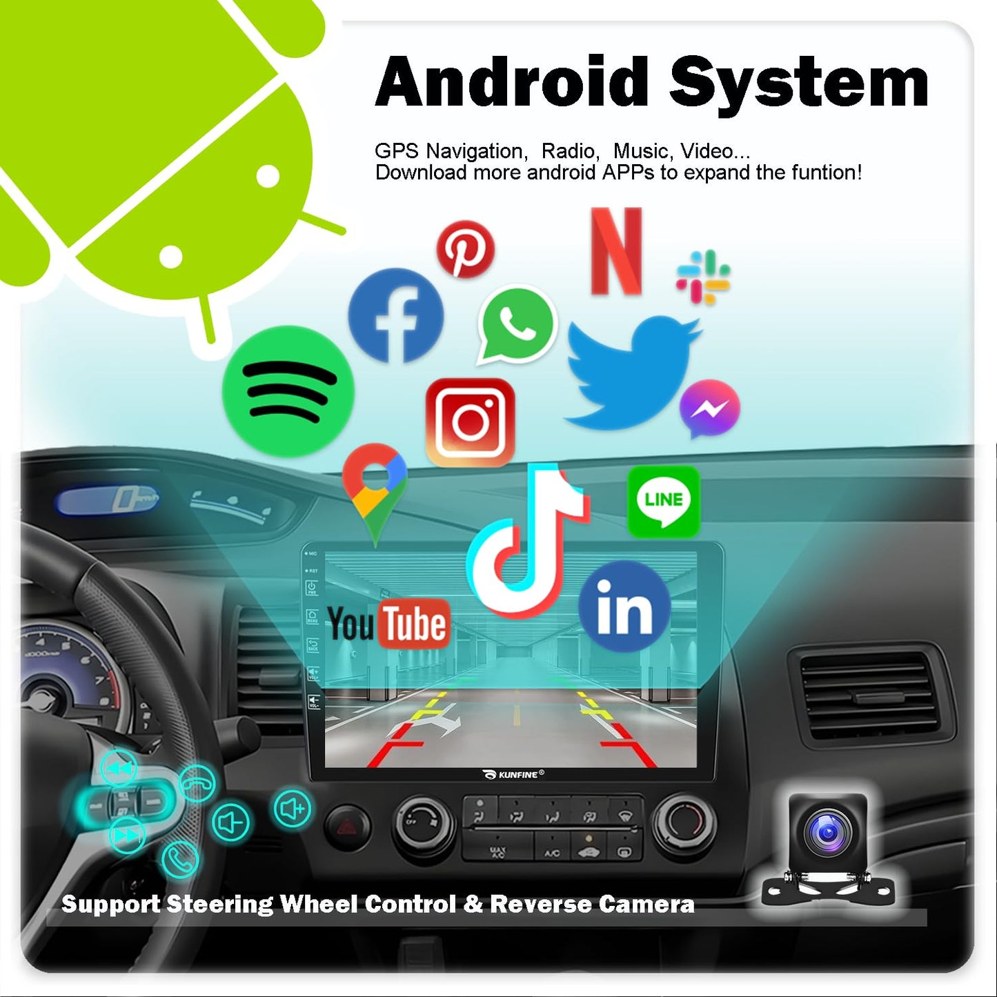 KUNFINE Android Autoradio Car Navigation Stereo GPS Radio 10" IPS Touch Screen Pad BT WiFi Headunit Tablet for Honda Civic 2004-2011 if Applicable Quad Core 1G+16G