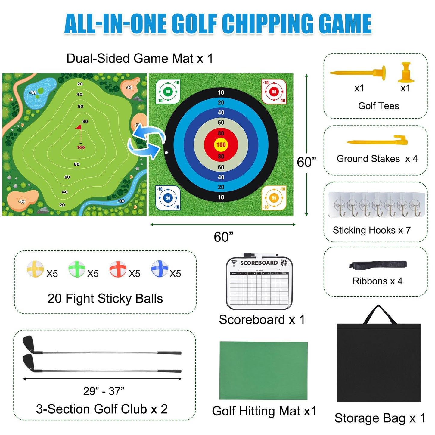 ASTRAEA Golf Chipping Game, Golf Battle Game with Hitting Mat for Kids Adults Indoor and Outdoor, 60" x 60" Double Sided Practice Mat with 2 Clubs & 20 Sticky Balls for Backyard