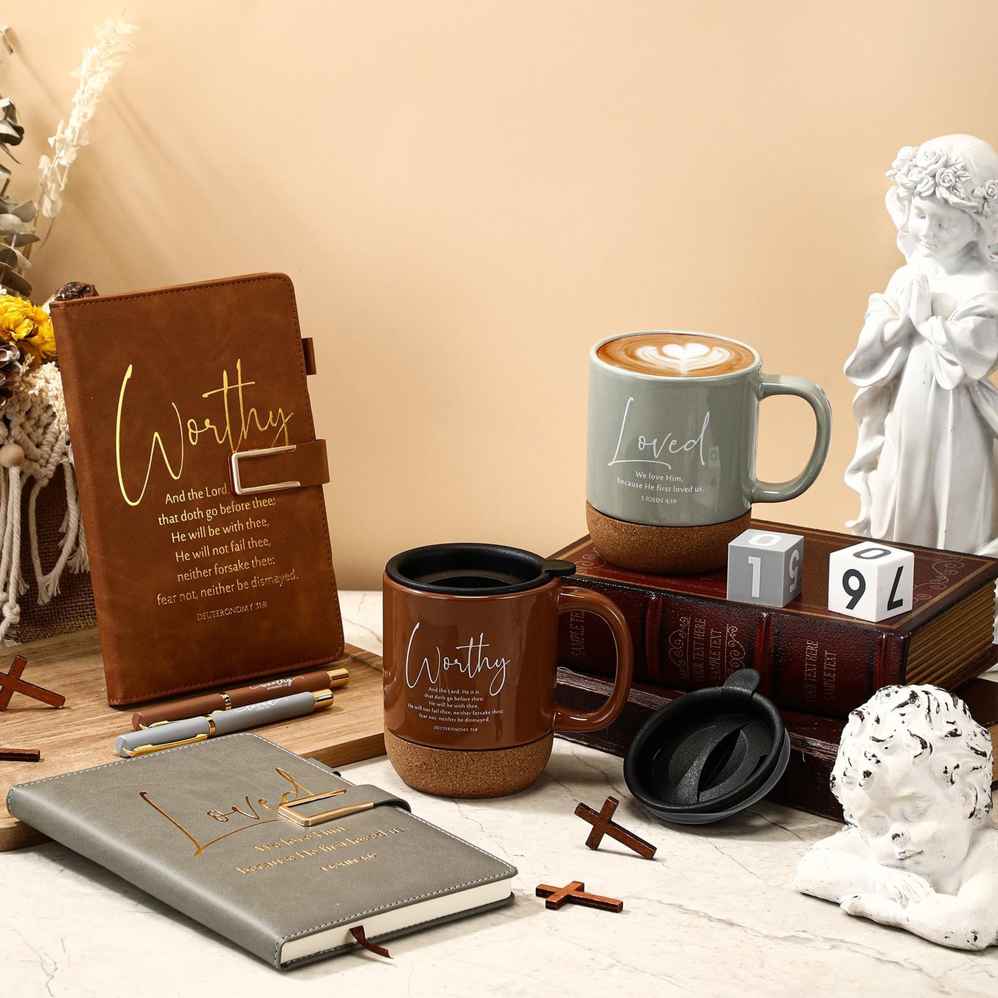 FillTouch 6 Set Fathers Day Christian Gifts for Men,Religious Church Gifts Bulk A5 Christian Journal Notebook 15 oz Bible Verse Ceramic Coffee Mug Pen Set for Office Supplies (Light Color,Classic)
