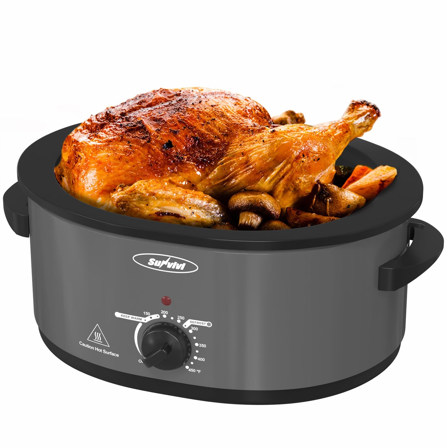 SUNVIVIPRO Slow Cooker with Self-Basting Lid, Electric Turkey Roaster Oven with Removable Pan and Rack, Stainless Steel, Grey, 8 QT