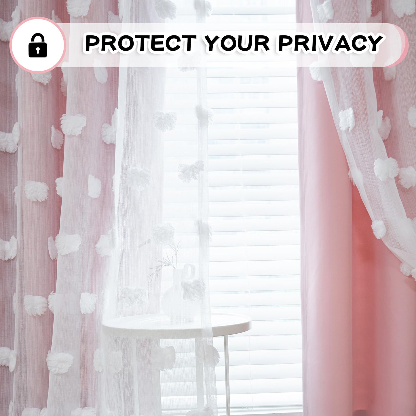 MYSKY HOME Pink Curtains for Girls Room 84 Inches Long Nursery Curtains Girl for Kids Room Double Layer White Pom Pom Sheer Living Room Darkening Window Drapes Back Tab, W52 X L84, 2 Pieces