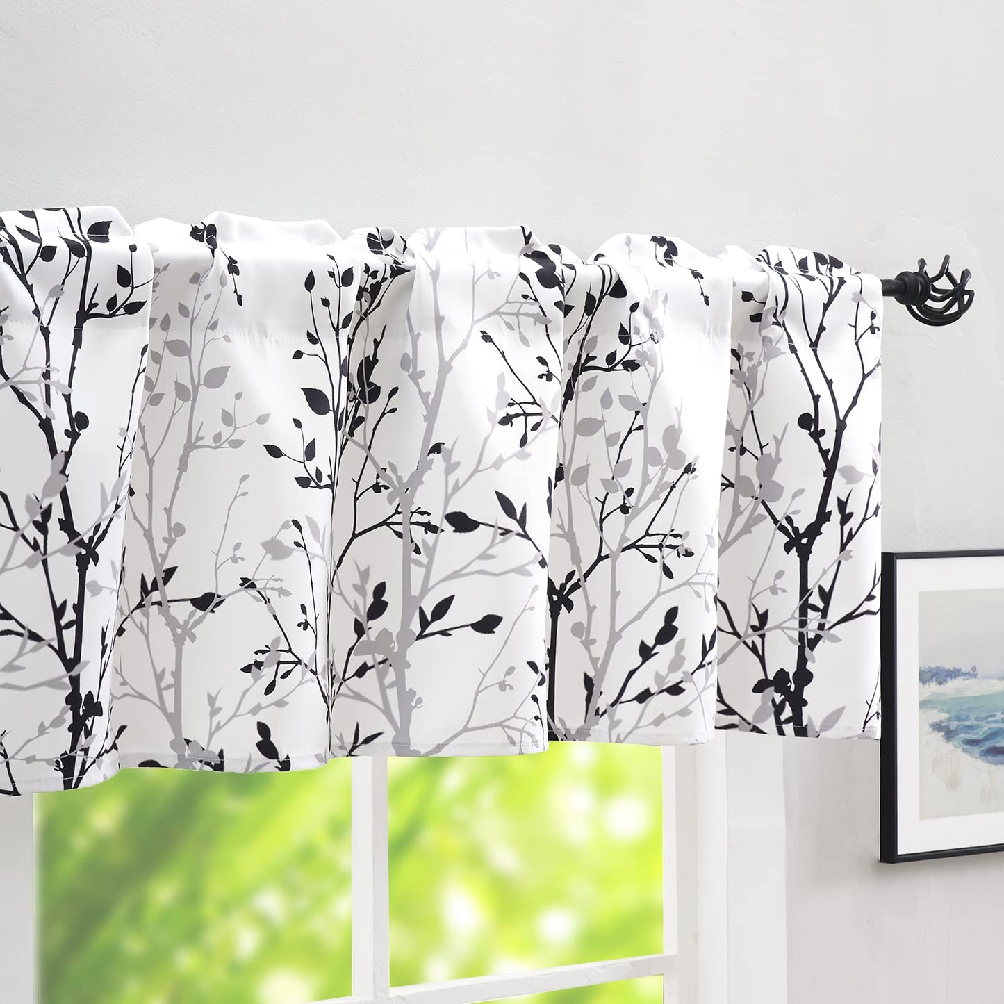 Luvyohmee Tree Branch Printed Valance Curtain, 18 inches Long Kitchen Valance, Black and Grey Window Valances for Kitchen, Bathroom, Dining Room, Living Room, Bedroom and Kid’s Room 4 Panels