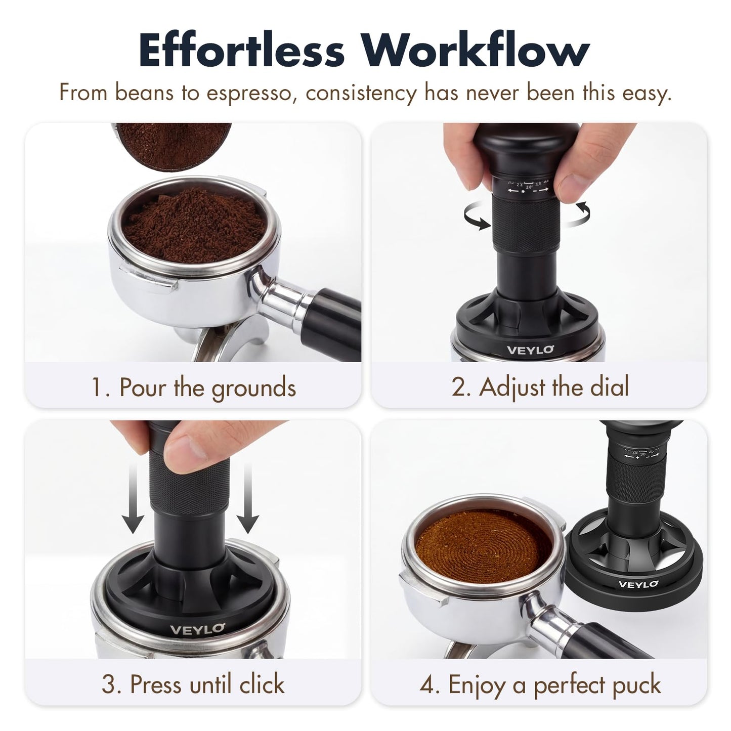 VEYLO 53.3mm Espresso Tamper, Barista-Grade Adjustable Calibrated Coffee Tamper with 24-Click Precision Dial, No Spring Swap, Audible Feedback, Ripple Base for Breville 54mm Portafilter Basket