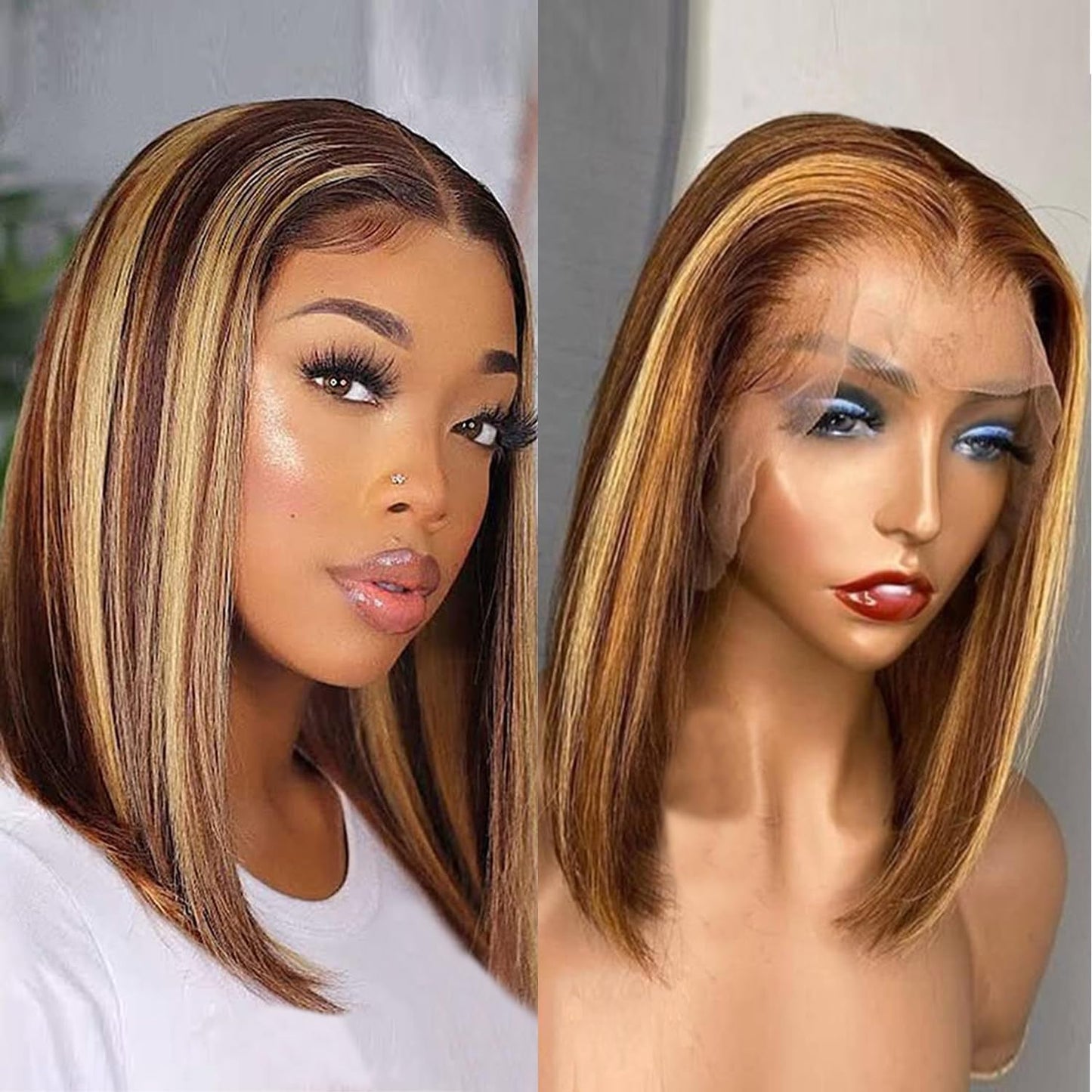 Superfect Highlight Lace Front Bob Wig Human Hair 14 Inch Ombre Honey Blonde 13x4 Hd Lace Front Wigs Human Hair Pre Plucked Middle Part 4/27 Colored Lace Frontal Wigs(14 Inch, 4/27 Highlight)