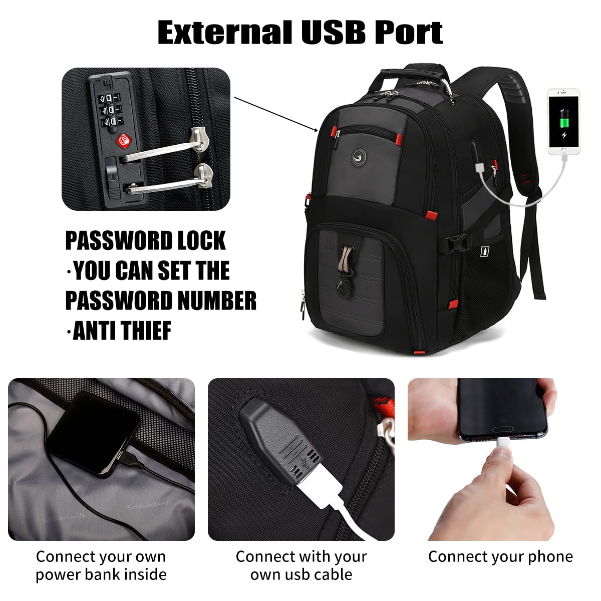 SHRRADOO Extra Large 50L Travel Laptop Backpack with USB Charging Port, College High School Backpack Airline Approved Business Work Bag Fits 17 Inch Computer for Men Women