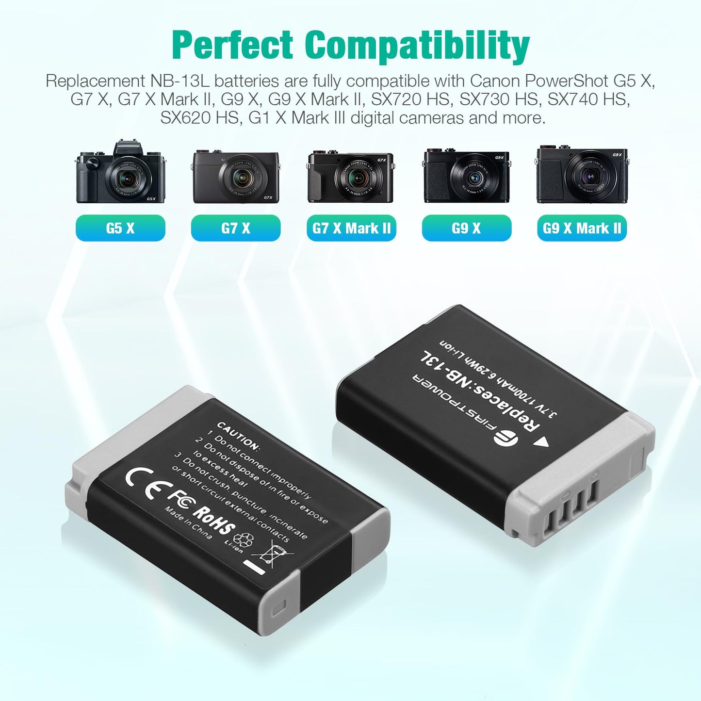 FirstPower 2-Pack NB-13L Battery and Dual USB Charger Compatible with Canon PowerShot G7 X Mark II, G7 X, G1 X Mark III, G5 X, G5X Mark II, G9 X, G9 X Mark II, SX620 HS, SX720 HS, SX730 HS, SX740 HS