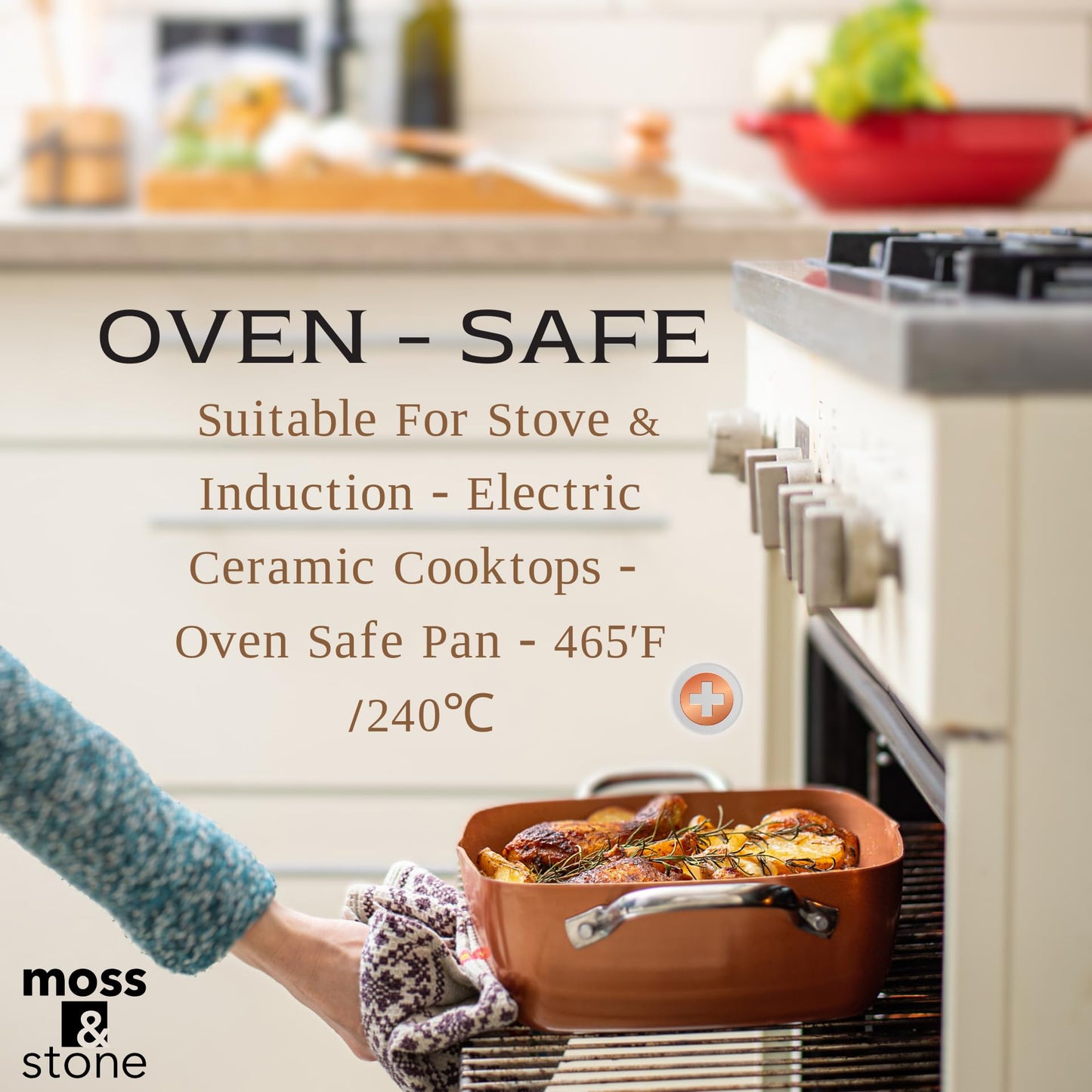 Moss & Stone 6 Pcs Copper Chef Cookware Non Stick Deep Frying Pan 9.5" x 3.5", Fry Basket, Steamer Rack, Dishwasher & Oven Safe, 5 Qt Deep Square Pot & Non Stick Pan, Induction Copper Cookware Set