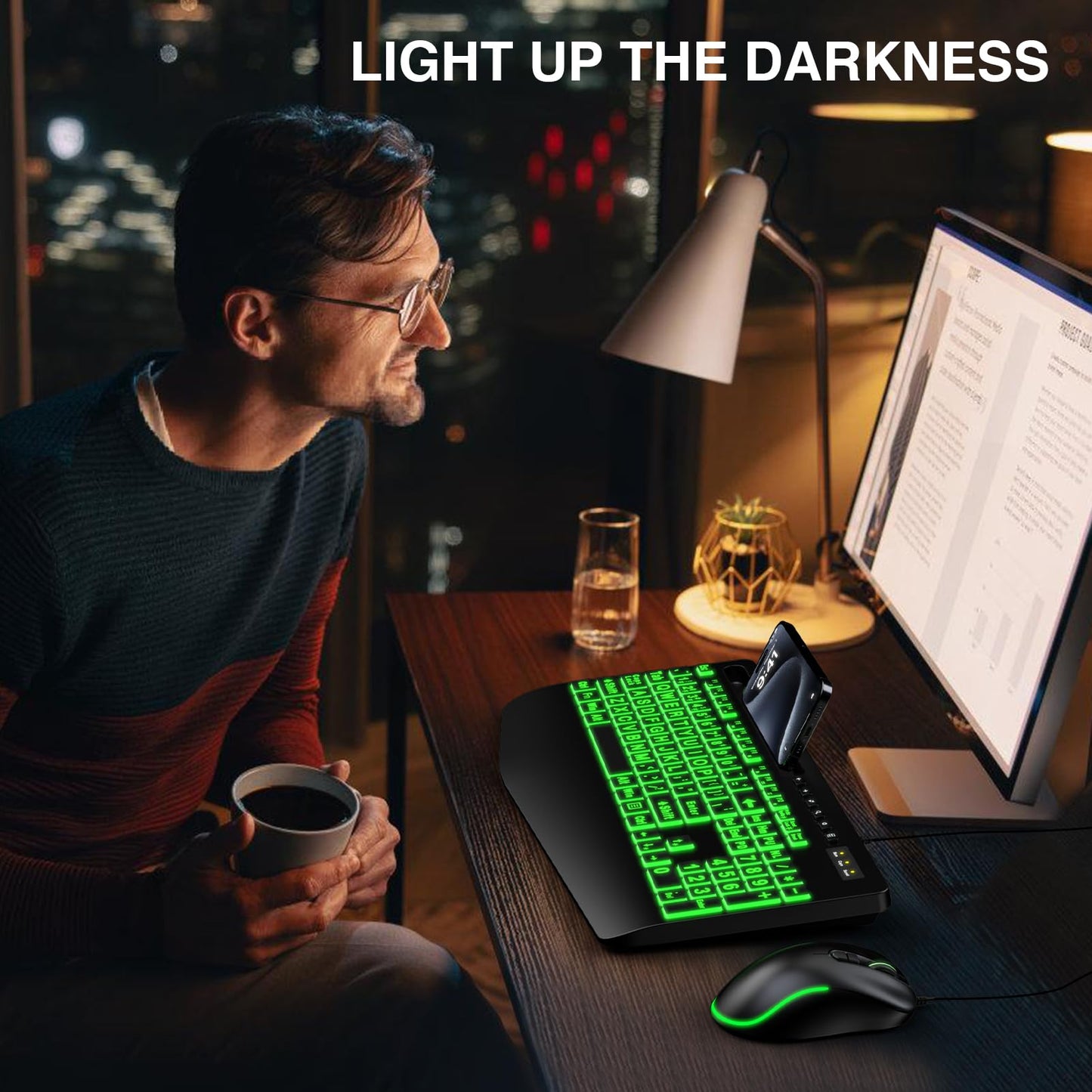 Wired Keyboard and Mouse, Large Print Backlit Keyboard with Wrist Rest and 7-Color Backlit, Lighted Computer Keyboards Easy to See, Light Up USB Keyboard Mouse Combo for PC, Windows, Laptop SABLUTE