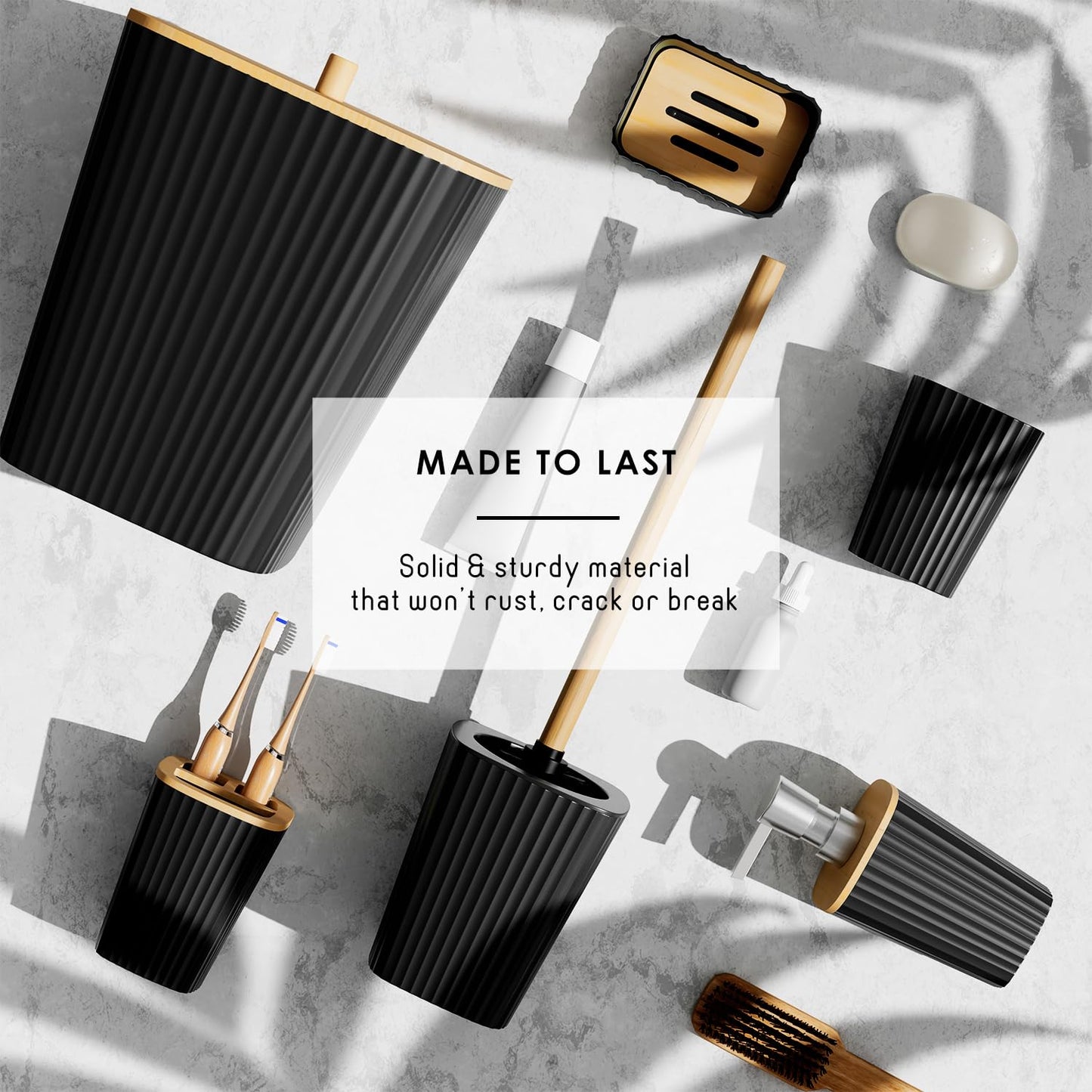 Clara Clark Bathroom Accessories Set - Bathroom Set, Bathroom Sets with Shower Curtain and Rugs, Shower Curtain Set with Bathroom Trash Can - Black - 22PC
