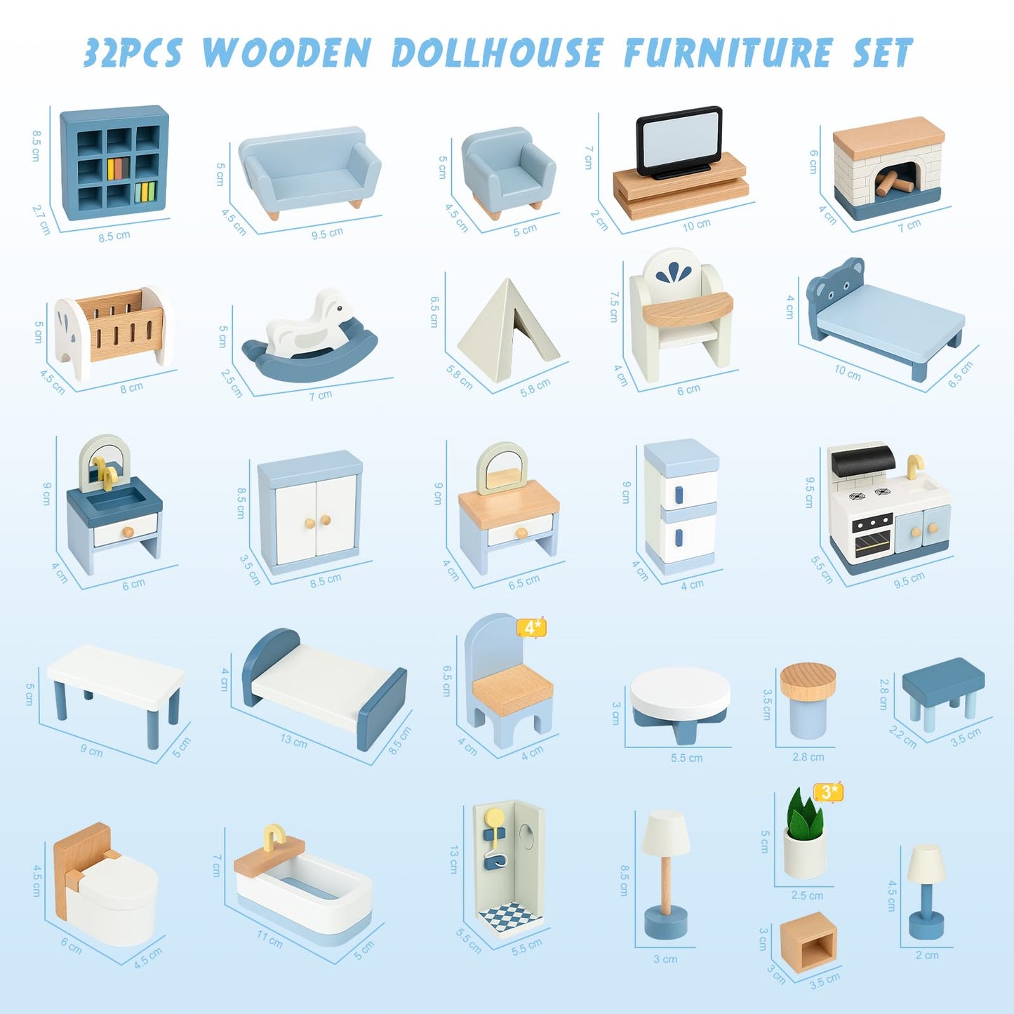 Wooden Dollhouse Furniture Set, Sanlebi Doll House Accessories and Furniture, Miniature Furniture Including 5 Room Kits, Pretend Play Toy Gift for Boys Girls Toddler 3+