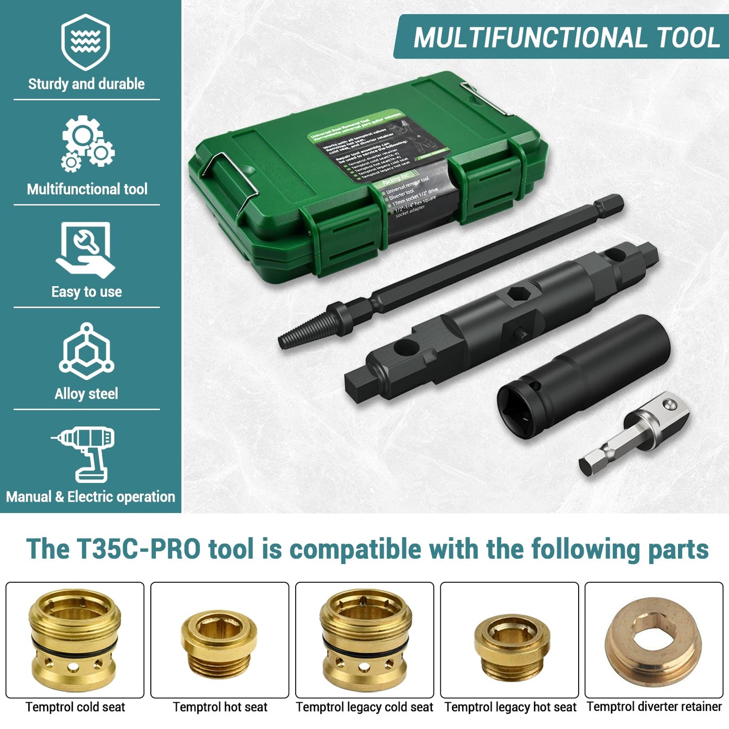 T35C-PRO Temptrol Universal Seat Removal Tools for Symmons, Professional Multi-Function Removal Tool Removes Hot Cold Seats, Manual and Electric Use, Steel Construction