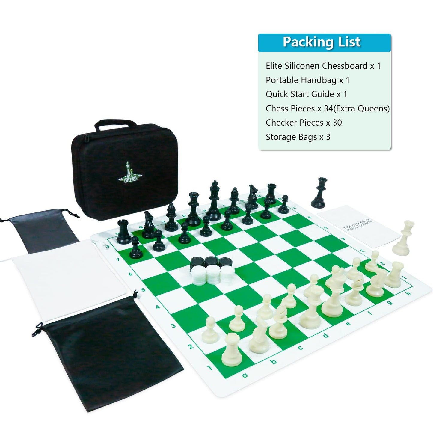Travel Chess Set 20'' Silicone Chess Board-3.75'' King Height Plastic Piece, Extra Queens & Storage Bag, 2 in 1 Portable Chess & Checker Board Games for Teens and Adults