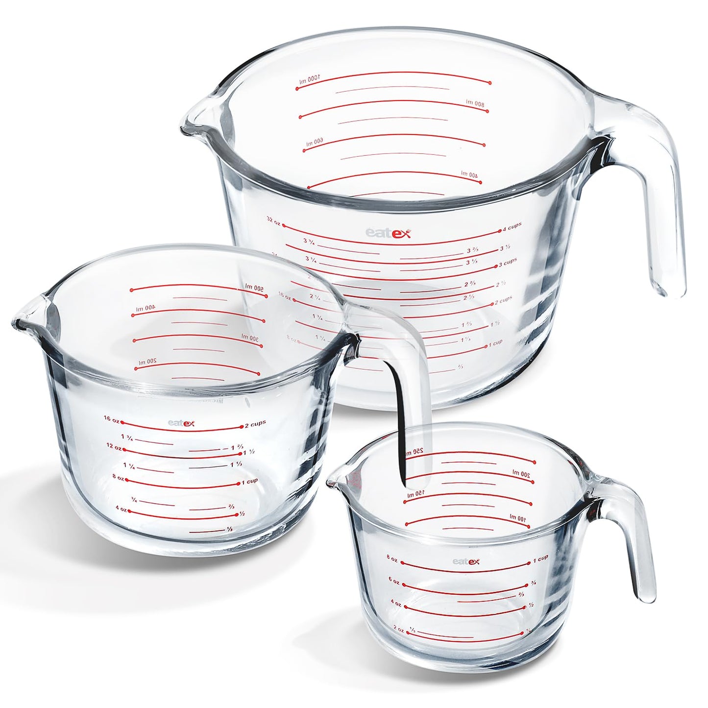 Eatex Glass Measuring Cups Set of 3 - Liquid Measuring Cups, Glass Measuring Cup Set - 1,2,4 Cup Measuring Cup - Dishwasher Oven, Microwave Safe Measure Cups
