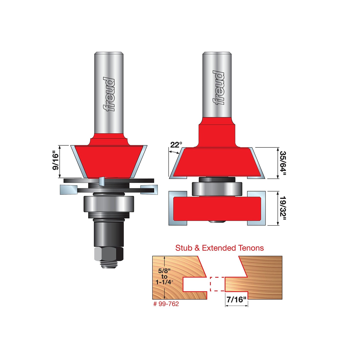 Freud Premier Adjustable Rail & Stile Bit - Ideal for Doors, Windows, Veneered Plywood, Hardwoods & Softwoods - 1-11/16" Diameter, 1/2" Shank - 99-762