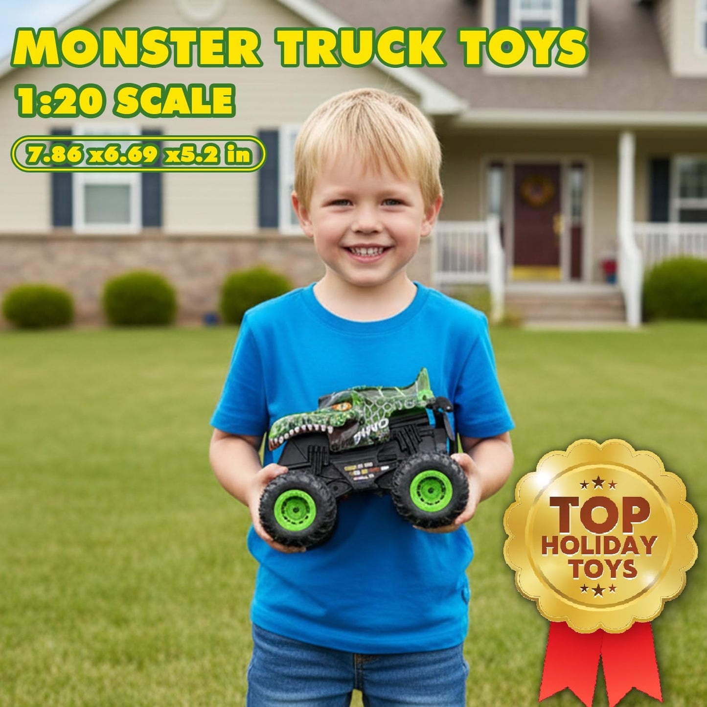 Gohero Monster Truck Toys for Kids, 1:20 Dinosaur Toys RC Car Truck with 360° Spins & Drifting, 2.4GHz All-Terrain Monster Trucks for Boys Age 4-7 | with LED Light, Music & 2 Rechargeable Batteries.